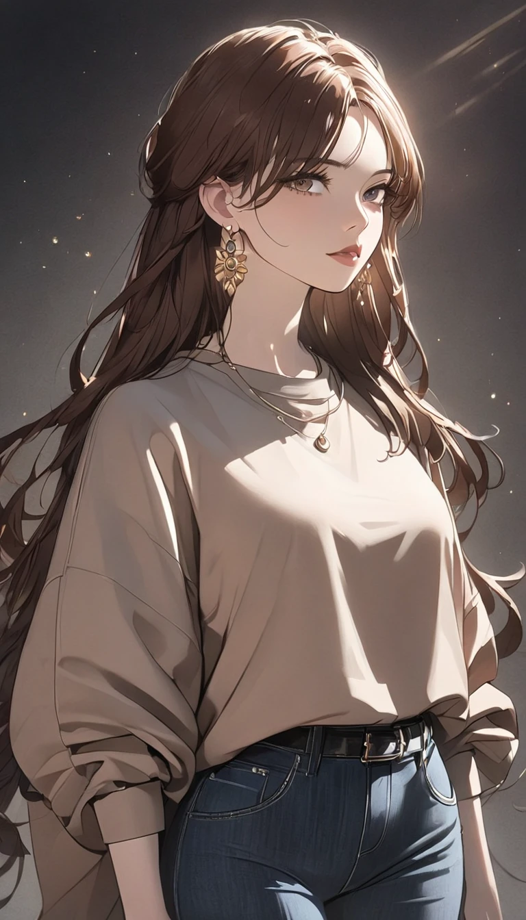 1girl, sunglasses, brown coat, dark turtleneck, small earrings, baggy jeans, plain background, 8k, highres, dramatic lighting, cinematic, elegant, beautiful detailed eyes, beautiful detailed lips, extremely detailed face, long eyelashes, ft colors, pastel colors, warm tones, full body shot, whole body, mature female, nilou,1girl,solo, long hair, black gloves, whole body shot, high heels, front view
