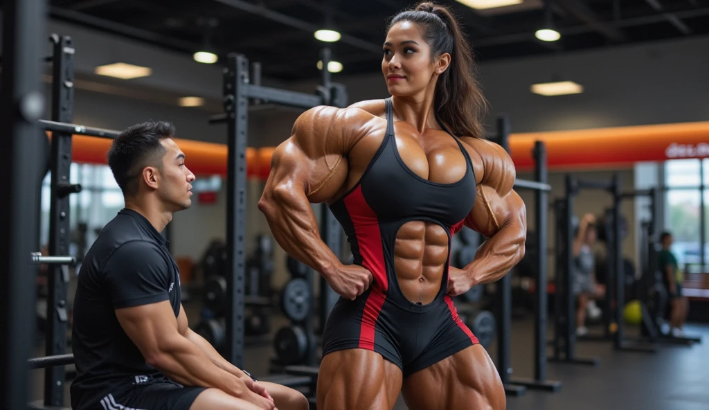 An extremely muscular and beautiful bodybuilder, 30 years old, Latina, 1.90 m tall, and weighing 125 kg. Her body is perfectly defined, with huge biceps, broad shoulders, and an impressive torso. She is standing, with her arms crossed over her chest, proudly showcasing her upper body musculature, while looking at the man with an expression of confidence and power. She wears a tight-fitting black and red sports outfit that accentuates her muscles, with high-end sports shoes.

The man, Asian, 28 years old, 1.70 m tall, and weighing 75 kg, has a slim and athletic build. He is sitting on a bench near her, gazing at her in admiration, his face showing awe and respect. He wears a short-sleeved t-shirt and athletic shorts.

The background shows a modern gym, with weights and training equipment. The atmosphere is energizing, filled with bright lights and the sound of weights being lifted, while the woman dominates the scene with her overwhelming presence.