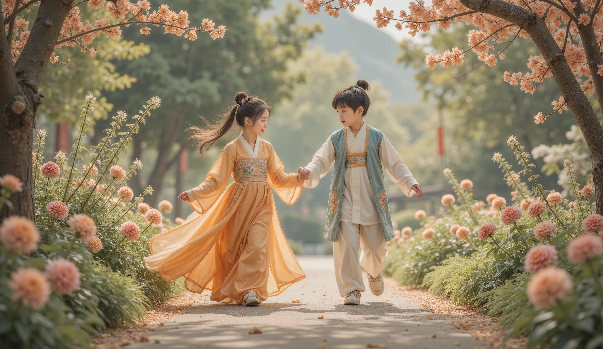 Tang Dynasty,Two people,Girl wearing Hanfu,Boy chasing girl ,Two people在花丛中欢笑。The boy suddenly stopped , and said to the girl in a playful tone : “When I grow up I must marry you and go home。” The girl looked down shyly , and his face turned red 。