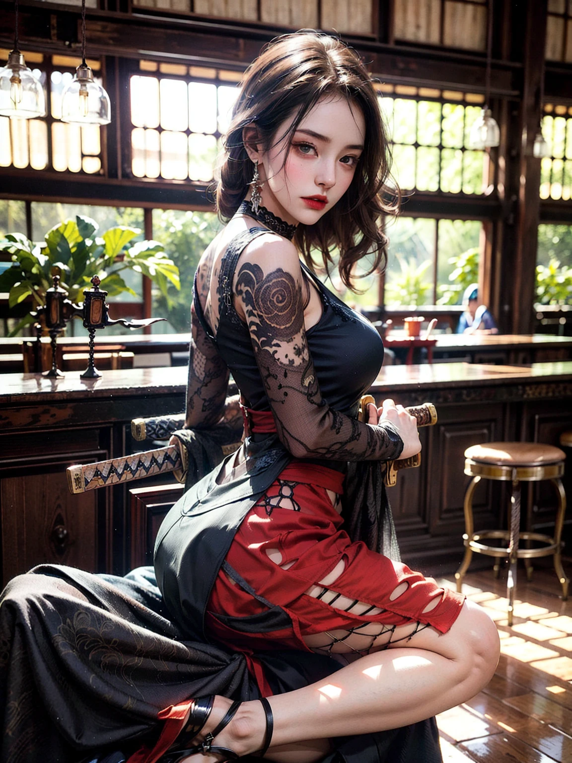 Create an ultra-detailed 8k manga illustration of a young battoujutsu woman in a seductive pose against a bar. She is lying on the bar floor, her right hand lifting her skirt (skirt lift:1.5), knees bent, and her body leaning slightly forward. The pose conveys a mix of vulnerability and strength, paired with a subtly provocative expression—parted lips and a bold, contemplative gaze. She wears a fishnet black knit top that reveals a white lace bikini underneath, a long unzipped coat draped around her hips, and white panties visible as she lifts her skirt. A black choker highlights her slender neck, while black open-toe platform sandals complete her daring look. A finely crafted katana sword in her hand, its blade gleaming under the glow of blue neon light. The katana's ornate hilt and intricate carvings complement the samurai-themed tattoos on her body, which depict a fierce warrior in bold Japanese art style, extending across her back and upper arms. The tattoos subtly glow under the light, adding depth and mystery to the composition. The scene is rendered with vivid hues, cinematic lighting, and intense shading, enhancing the dramatic mood. Shallow depth of field and a soft vignette bring focus to the character and katana, completing the captivating, dynamic composition.
