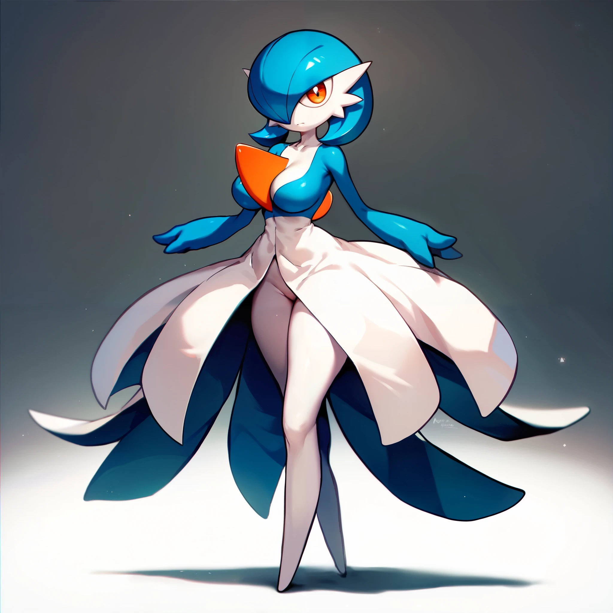 1girl, solo, gardevoir, blue_hair, blue_skin, hair_over_one_eye, orange eyes, pokemon \(creature\), big breasts, wide hips, thighs, neutral expression, standing, full body, looking at viewer, simple background, from the front view