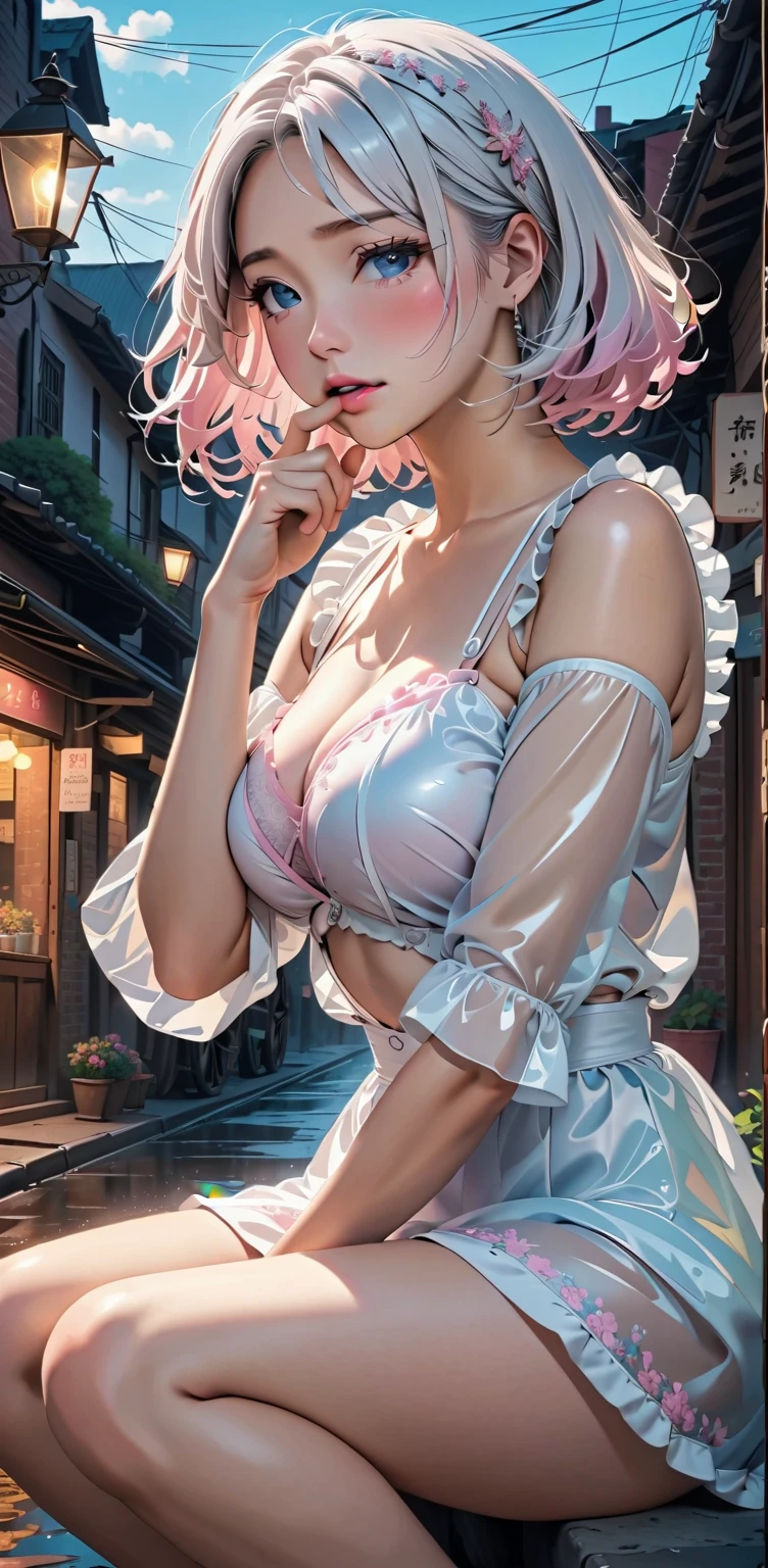  short hair 、Winter Scenery、Snowy Back Alley 、Spread legs, squatting、 the lingerie is transparent 、Clear, transparent hair 、heavy breathing、female orgasm、Steampunk. Maid's Hair Ornament 、(  embarrassed  ,:1.3),（ transparent pastel white hair with thin embroidery:1.2）.（ Change it to the following :1.5）、（ transparent high leg pastel pink melange :1.7）.
,(steam:0.8),(Wet:0.8),(sweat:0.8),( trembling:1.1)
,(  open my lips:1.3),(Eyes half open:1.4),( I don't feel well :1.5)、（Soft pink transparent lingerie :1.4）、  accentuates large breasts  、1 female, (   Focus on Lower Body   , ),     A woman with a gentle expression places her index finger on her lips   "Quiet"  pose,   in soft pink and beige shades ,   Natural Light Creates Gentle Shadows on the Face  ,    Soft Wavy Hair and Smooth Skin  ,  warm light shines in ,   A little star shining in your eyes  ,    has long eyelashes ,  Soft lip line  , Natural three-dimensional effect,   ((masterpiece)), ((  best quality)),, 4K, (8k),   is very beautiful,    absurd,  rain、crowd、