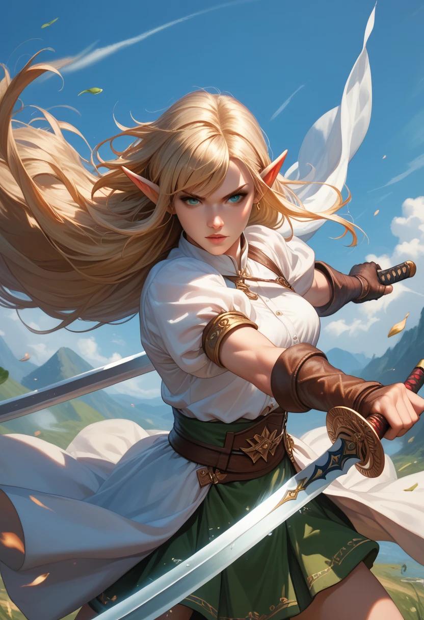 woman fighting, strong, wearing a sword , warrior, hair in the wind, big boobs, laufen, elf ears, long hair