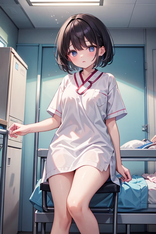 (One girl)、smile、Embarrassed、nurse、nurse、bed、From below、Dark brown short hair、Dark brown eyes、Spread your legs