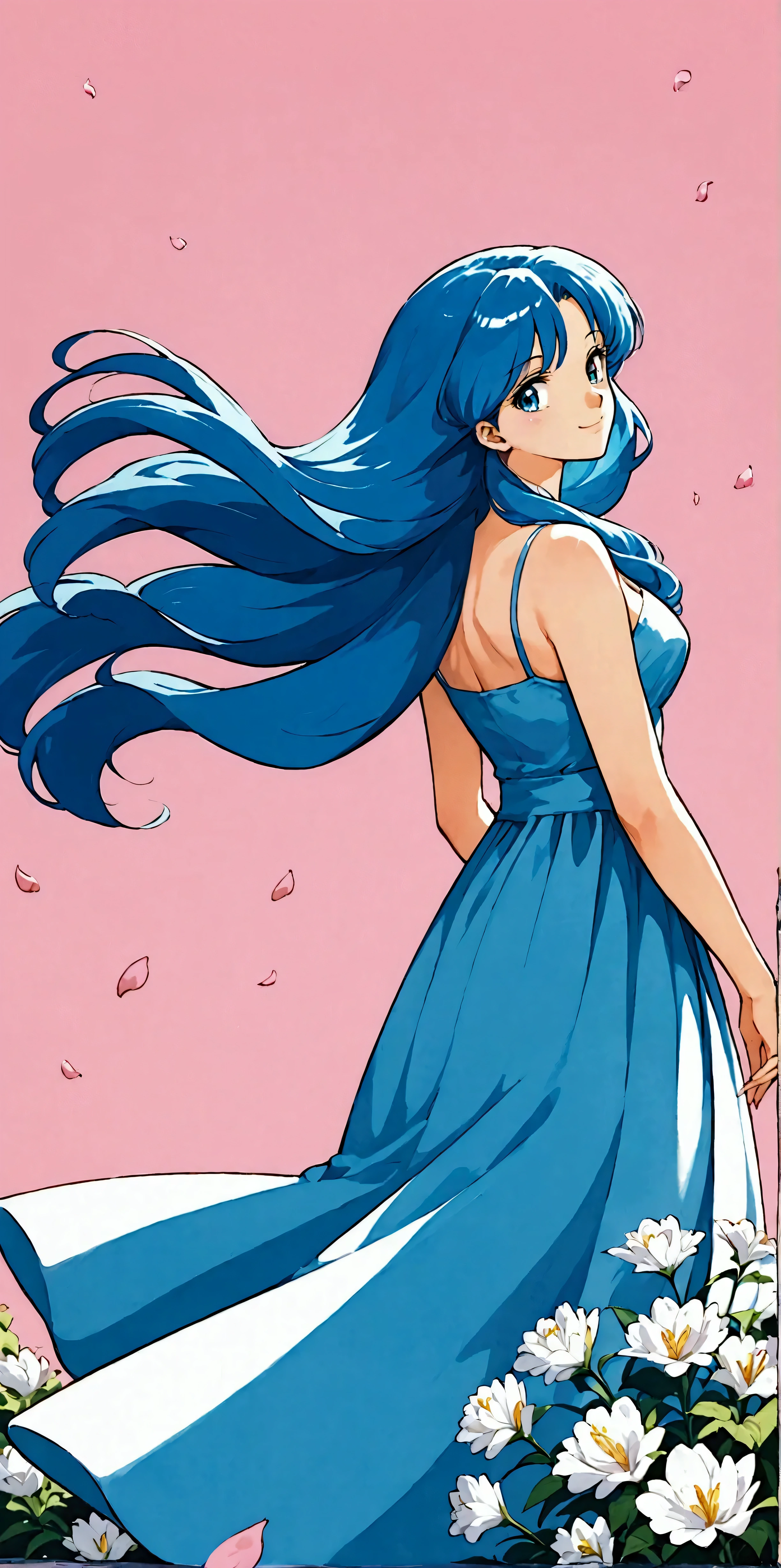  score_9,  score_8_up,  score_7_up, (masterpiece), ( best quality), ( super detailed), (Illustration),(1 female:1.6), Japanese,beautiful瞳, blue hair , casual outfit ,beautifulグラデーション,(Woman smiling),(The background is a myriad of pink petals dancing in the air),( back view),( women turn around here:1.2),( wind blows hair ),( depth of writing),(dynamic),(顔のup),(beautiful顔),(beautiful瞳),( Anime Artwork :1.2),( Flat Color ),80s anime style, dynamic angle , beautiful, pastel colors 