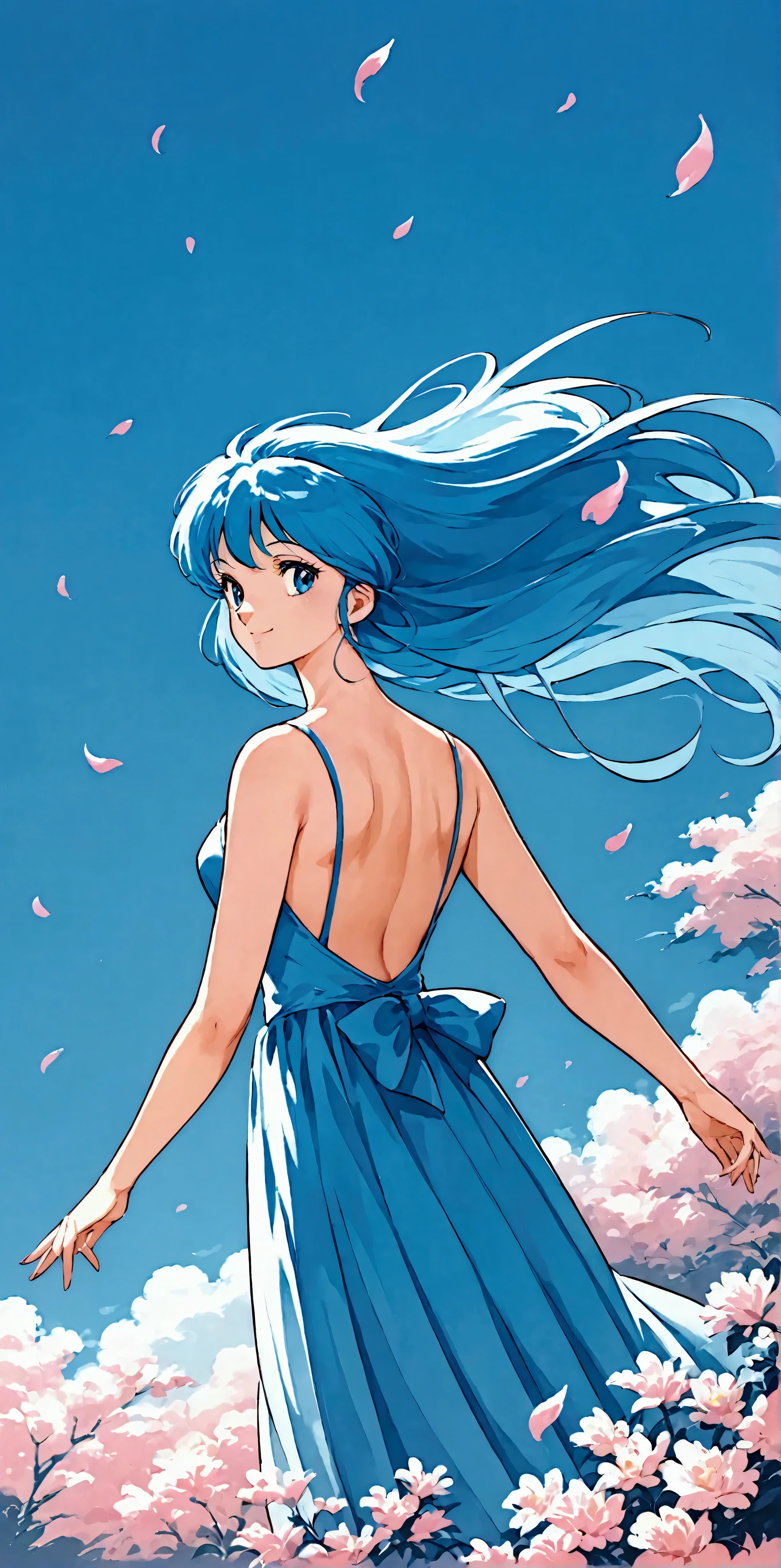  score_9,  score_8_up,  score_7_up, (masterpiece), ( best quality), ( super detailed), (Illustration),(1 female:1.6), Japanese,beautiful瞳, blue hair , casual outfit ,beautifulグラデーション,(Woman smiling),(The background is a myriad of pink petals dancing in the air),( back view),( women turn around here:1.2),( wind blows hair ),( depth of writing),(dynamic),(顔のup),(beautiful顔),(beautiful瞳),( Anime Artwork :1.2),( Flat Color ),80s anime style, dynamic angle , beautiful, pastel colors 