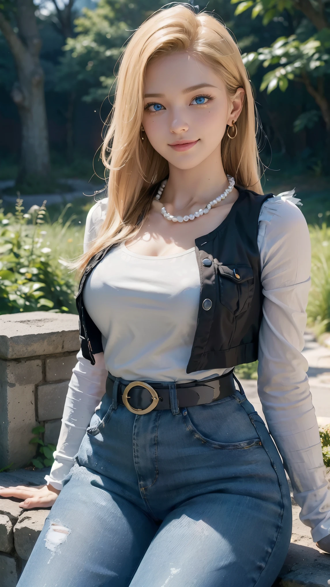 Android 18,(best qualityer,4K,8k,high resolution,work of art:1.2)(weather: cloudy), Mondstadt forest background, mountain road, freckles, white top, black vest, pearl necklace, tight denim pants, black gloves, gold bracelets, orange socks, black shoes, chain wallet, earrings, belt, short straight hair, blonde hair, ultra detailed, realistic,portraite,beautiful detailed blue eyes, glowing eyes,blush,beautiful detailed lips,extremely detailed eye and face, long eyelashes,sexly,average, large breasts,beaming smile, happy smile,powerful girl, flirty pose, stunning curves,bright coloured,dramatic lighting, wide hips, thick thighs,