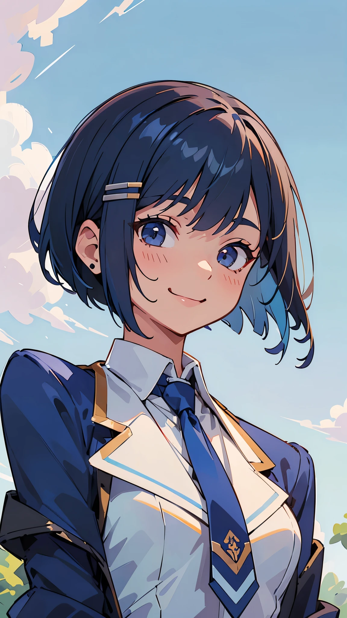 ( best quality、Superb、Genuine)、1 person、 jacket、Blue-themed clothes、Dark blue hair、 bob cut、 tie your hair with hair clips、From the side、gloves、smile、blue sky、 upper body close-up 、Sharp contours