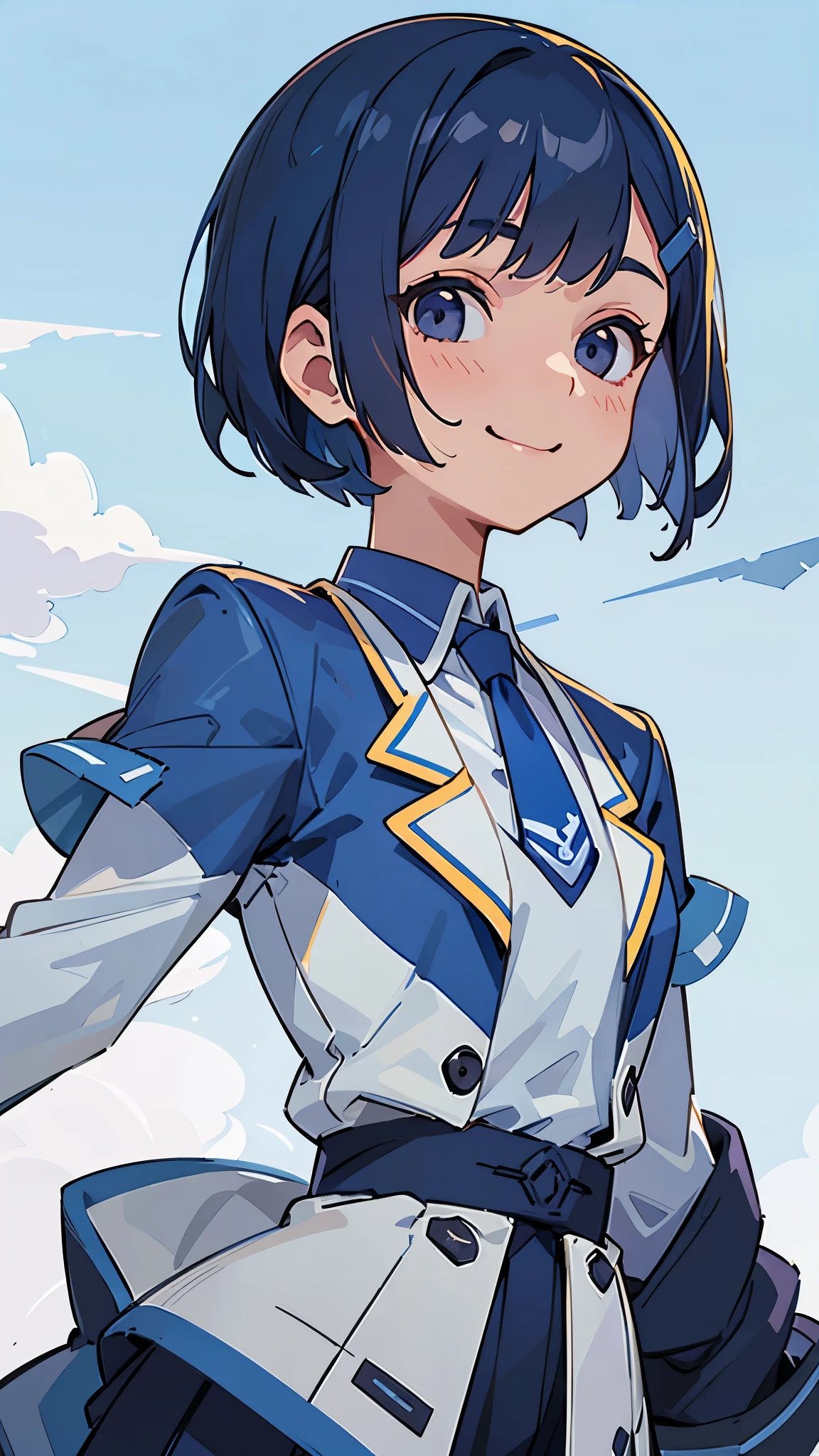 ( best quality、Superb、Genuine)、1 person、 jacket、Blue-themed clothes、Dark blue hair、 bob cut、 tie your hair with hair clips、From the side、gloves、smile、blue sky、 upper body close-up 、Sharp contours