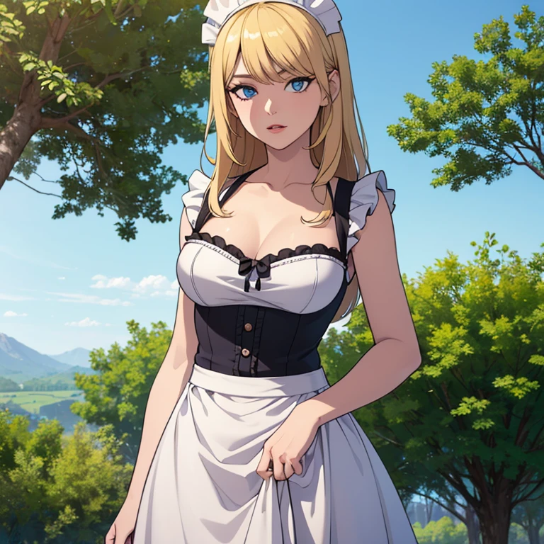 ((masterpiece)), ((best quality)), ((highres)), ((detailed background)), ((extremely detailed CG unity 8k wallpaper)), solo, shiona, blonde hair, long hair, blue eyes, hair tuft, cowboy shot, outdoors, ((maid outfit))