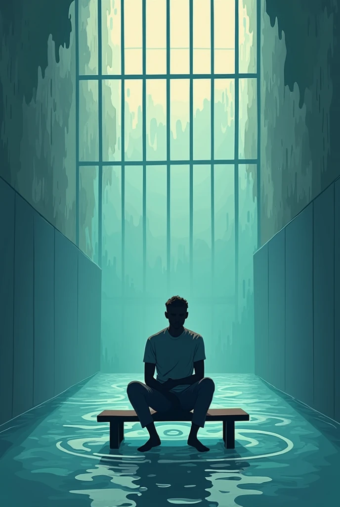 drawn in the form of a colored drawing, a prison cell with a very high window, a prisoner and several anthills