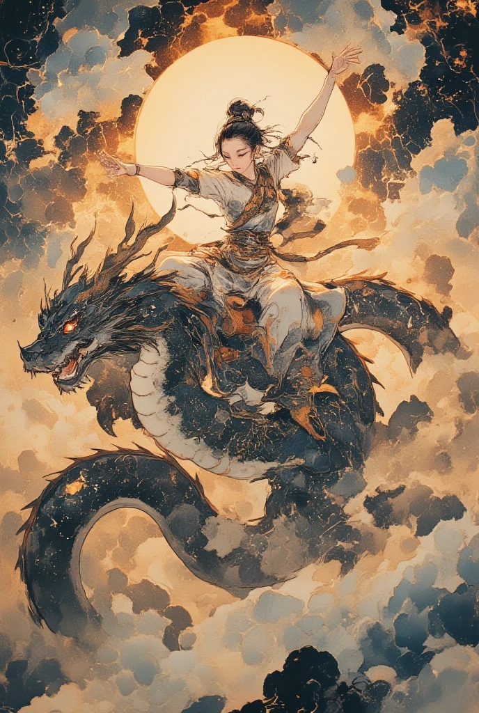  close-up of a painting of a person riding a dragon, Tibetan painting,  is ,  super fine detailed painting,  Asura from Chinese mythology , qigong ,  girl, Serk Nam Sun God ,  puşkaracūa  、ぼかし