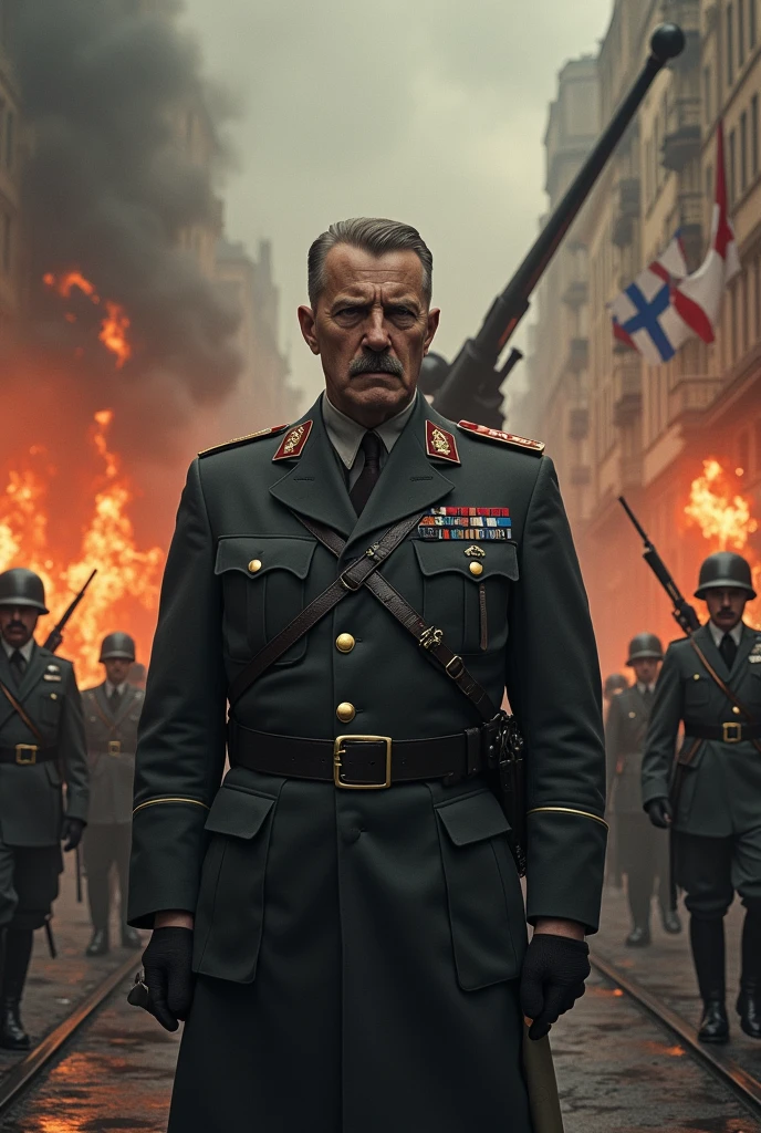 Germany's invasion of Poland led by Adolf Hitler: Adolf Hitler in military uniform, early World War II era, in front of a military map of Europe, German troops advancing into Poland, dramatic sky, photo realism -- ar 9:16
