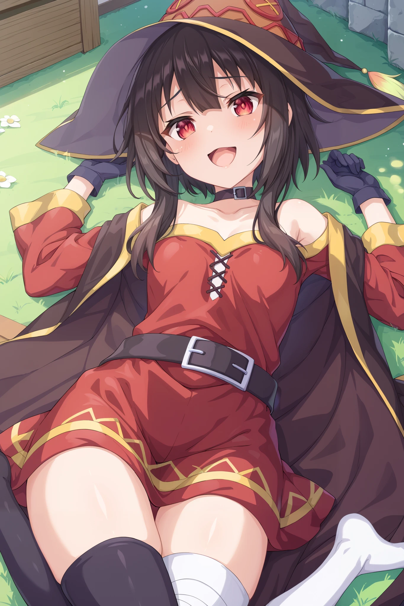 <lora:meguminRegular:1>, anime screencap, forest,nature,dirt path,blue sky, 1girl, solo, red eyes, bandaged leg, single thighhigh, black thighhigh, red dress, belt, bare shoulders, brown hair, short hair, short hair with long locks,collar, closed mouth, collarbone, choker, sitting, asymmetrical legwear, cowboy shot, long sleeves, mismatched legwear,looking at viewer, witch hat, expressionless, thighhighs,
