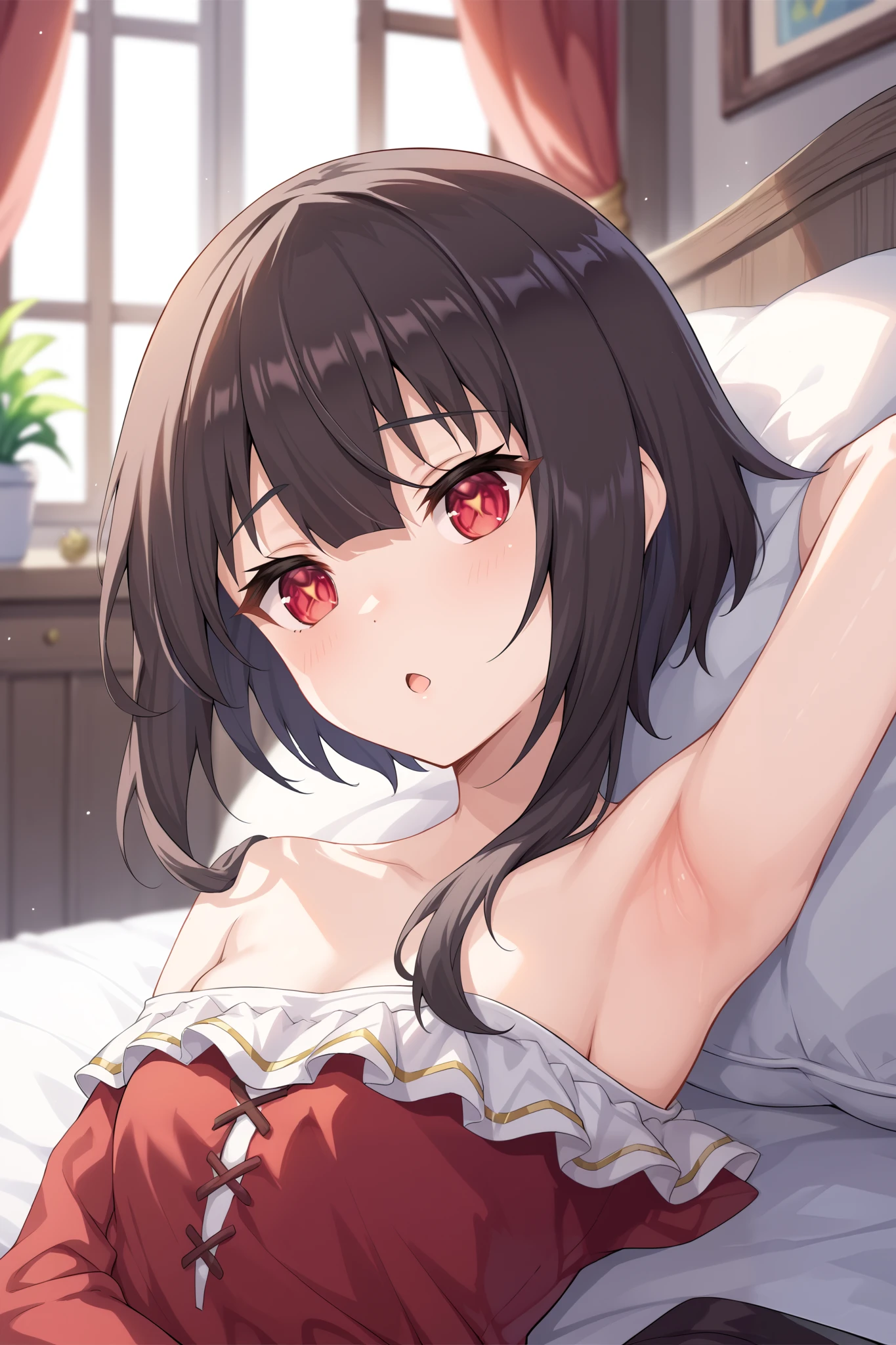 ((nsfw, seductive, seducing, showing armpits), cuddling and pampering viewer, girl lying on bed naked under the bedcover, holding bedcover shyly:1.5), Nardack style lora, (gentle housewife, small girl, full body, depth of view,  and short figure girl, cute and , perfect woman, medium cleavage, mature aura:1.2), (masterpiece, best quality, HD Pictures, 4K:1.1), outdoor, very long hair, bangs, gentle look, gentle smile, gentle eyes, mature looking, pinkish cheeks, very detailed eyes, very detailed pupils, very detailed ridiculously long black hair, detailed face, detailed ruby red eyes, full body, look up to viewer, detailed long black hair, (happy gentle face, warm smile, blushing red cheeks:1.3)