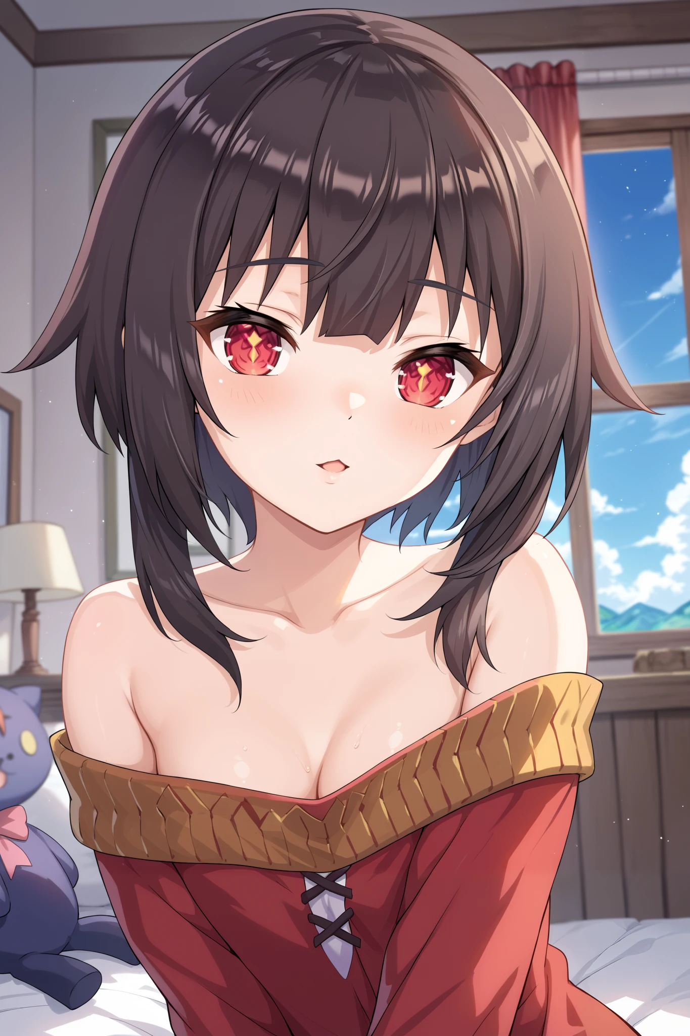 NSFW,masterpiece, best quality, high definition , Very detailed,Megumin\( bless this wonderful world\), short hair、 black hair、Red Eye、 siderock 、 long rock,Night Inn , bedroom