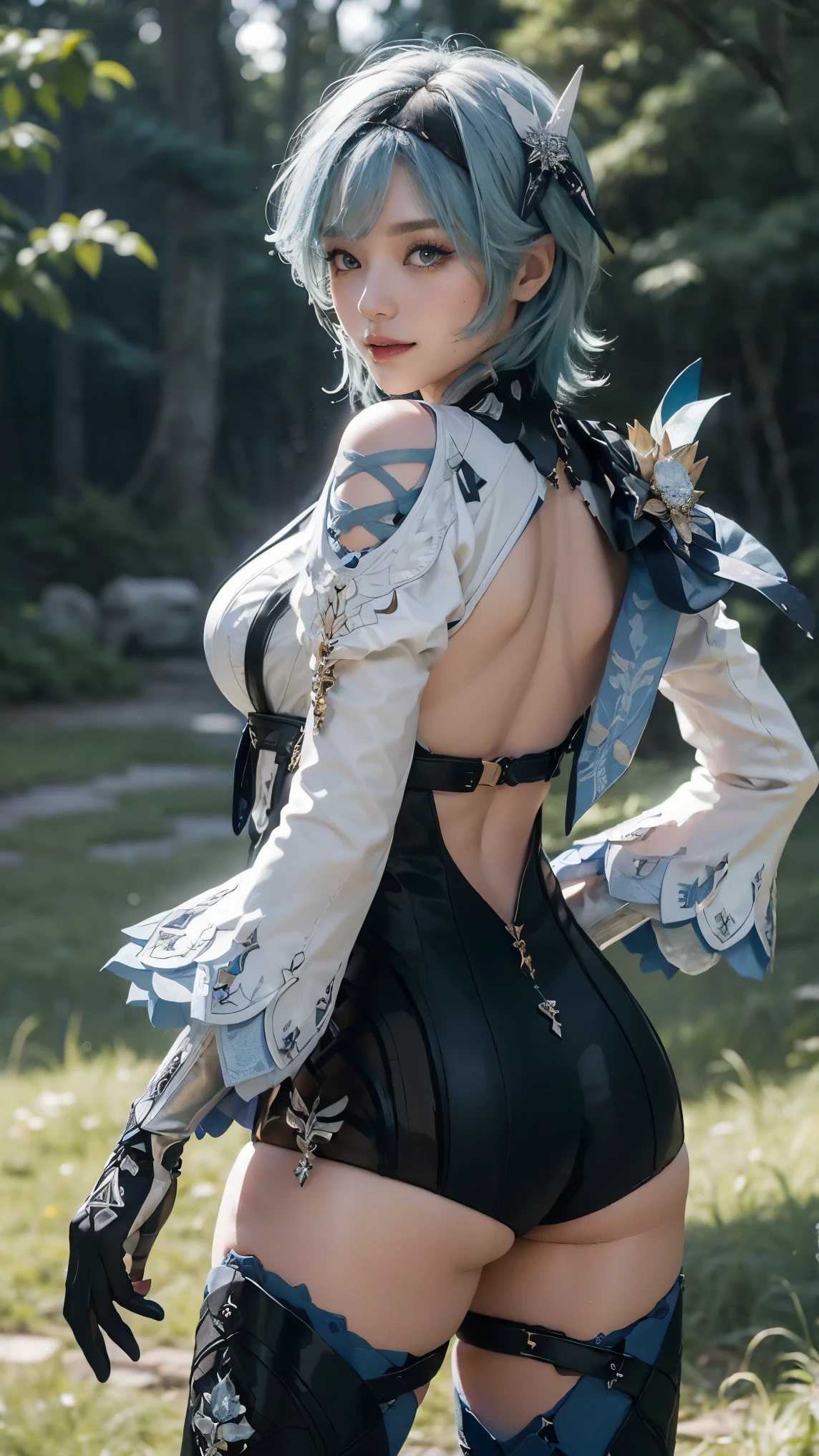 Eula Lawrence,(best qualityer,4K,8k,high resolution,work of art:1.2)(weather: sunset), Mondstadt forest background, forest ruins, freckles, blue cape, backless black leotard, white top, white sleeves, blue necktie, black gloves, blue stockings, thigh-high boots, snowflake embroidery, short curly hair, light blue hair, teal hair, ultra detailed, realistic,portraite,beautiful detailed gray eyes, glowing eyes,blush,beautiful detailed lips,extremely detailed eye and face, long eyelashes,sexly,average, large breasts,beaming smile, sexy smile,powerful girl, sexy pose, stunning curves,bright coloured, dramatic lighting, wide hips, thick thighs, from behind,