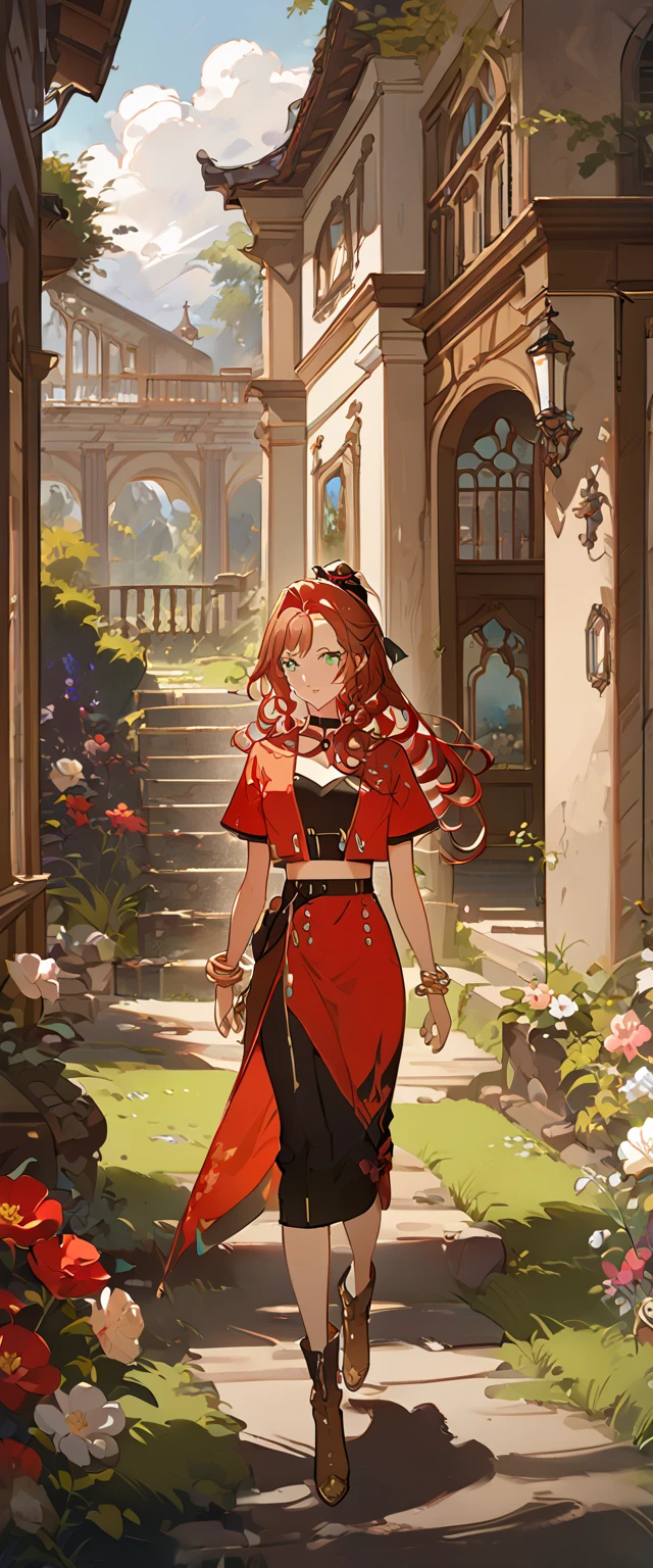 masterpiece, best quality, 8k, 4k, 1girl, aerith gainsborough, brown hair, high middle bang, longer side curly bang, long tight curly ponytail, green eyes, red hair ribbon, red bolero jacket, short sleeve jacket, cropped jacket, black tie choker, long pink straight dress, brown boots, bangles, walking in a garden, flowers, detailed background,, inspired by Asukaziye artist : ask, art style : ask