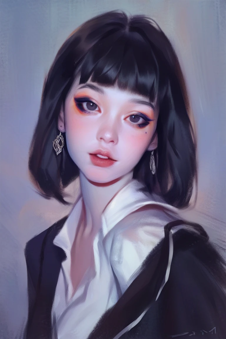 smudgy, traditional art, liu2, brush texture, score_9, score_8_up, score_7_up, score_6_up, score_5_up, score_4_up, BREAK 1girl, intricate, school outfit , (eyeliner:1.2), looking at viewer, black hair, hime-cut, pale skin, jewelry, detailed background, breasts (masterpiece, high quality:1),
