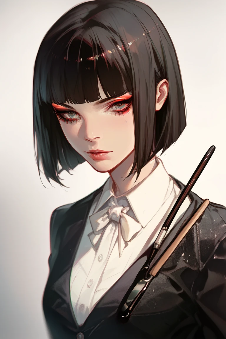 smudgy, traditional art, liu2, brush texture, score_9, score_8_up, score_7_up, score_6_up, score_5_up, score_4_up, BREAK 1girl, intricate, school outfit , (eyeliner:1.2), looking at viewer, black hair, hime-cut, pale skin, jewelry, detailed background, breasts (masterpiece, high quality:1),
