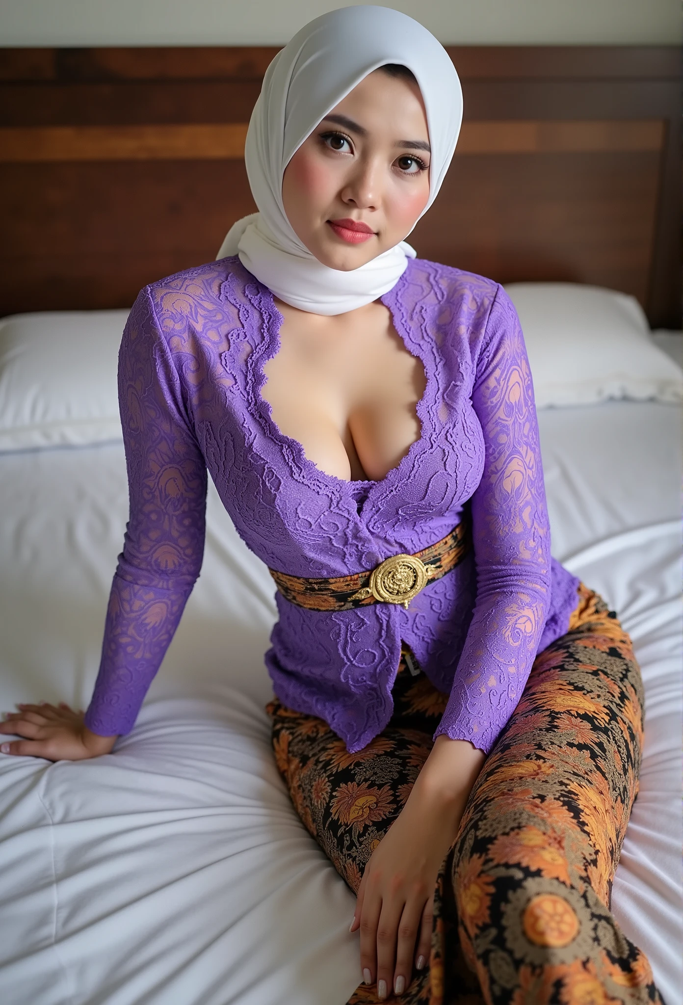 medium close up Indonesian young woman wearing a purple kebaya with a white hijab and a batik skirt lying on her back leaning on one arm ON THE BED, cleavage cutout, long open legs wrapped in traditional batik cloth, 