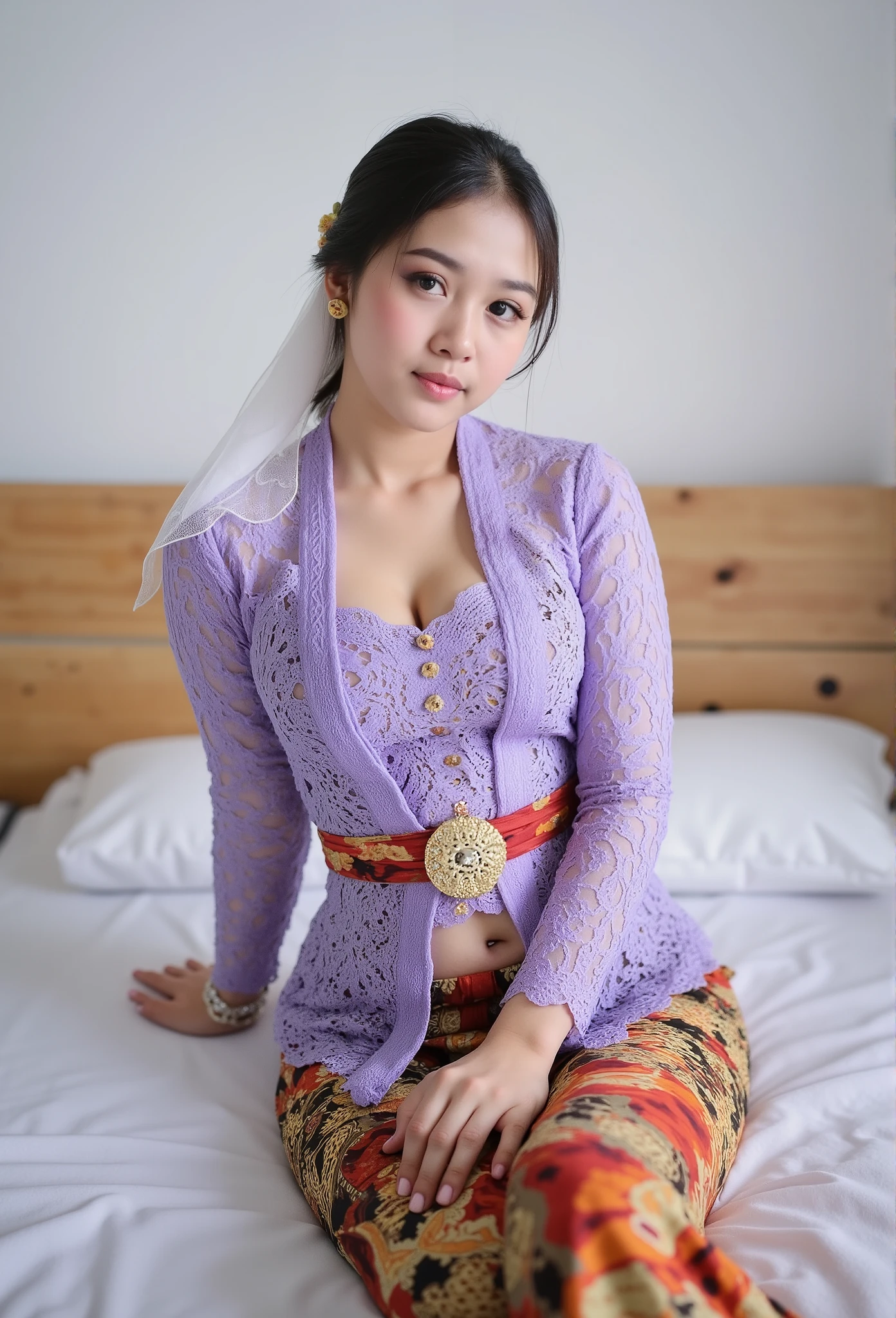 medium close up pretty Indonesian young woman wearing a purple kebaya with a white hijab and a batik skirt lying on her back leaning on one arm ON THE BED, cleavage cutout, long open legs wrapped in traditional batik cloth, 