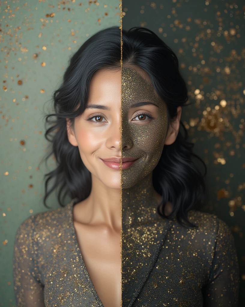 A cinematic realistic scene where an element occupies only the right half of the image, leaving the left half completely empty. The element should be placed within the right side, ensuring it doesn't extend into the left side. Colors should include black, gray, and gold gradients. Minimalist image with plenty of empty space for future editing beautiful elegant 50 years old latina woman with some wrinkles on her face, charismatic expression, hidden smile wavy black hair, black eyes, turned up nose thin lips, occupies half the space, the other half empty space (Photorealism: 1.2) high resolution, cinematic, intrinsic details, 5 point view composition, minimalist background s, natural central lighting, intense vibrant colors gradients black, green and gold touches, background with diffuse flowers, pedestal for the product, symmetrical composition left and top half without elements
