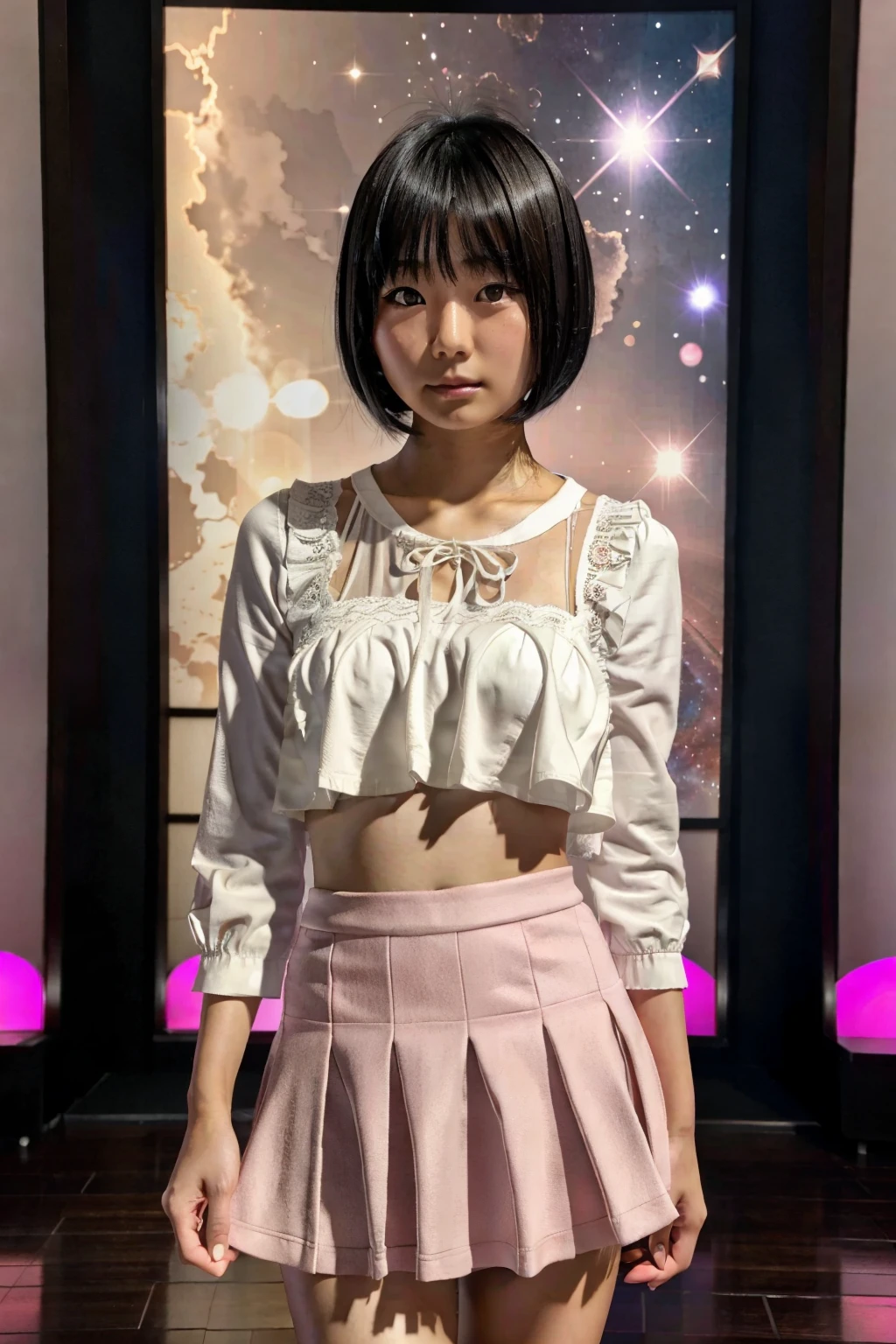 hypnotist,  Japanese, Nakamura Tomoko , Fukami Rika ,  girl,  black hair,  with straight short hair ,  very short hair , hair even shorter than very short hair,  with bangs, Long straight hair with thin dark eyes and droopy eyes , Miniskirt with ruffles and lace with slightly sagging eyes , round face,  chubby,  very small breasts with open eyes,  flat chest,  looking at the camera,  face and body face the viewer ,  bust up,  hold your right hand and stand straight with only your index finger , Stand up your index finger instead of your thumb ,  holds her raised finger at the viewer, Open your left hand and place your palm at the viewer ,  has only 5 fingers on her right hand ,  has only 5 fingers on her left hand , Hypnotize viewers ,  white sweater, Ruffle and lace mini skirt,  The background is pink swirling light in outer space, HD quality, ( photo realistic:1.4),  RAW photos ,  Japanese girl, ( high resolution details of human skin texture), 