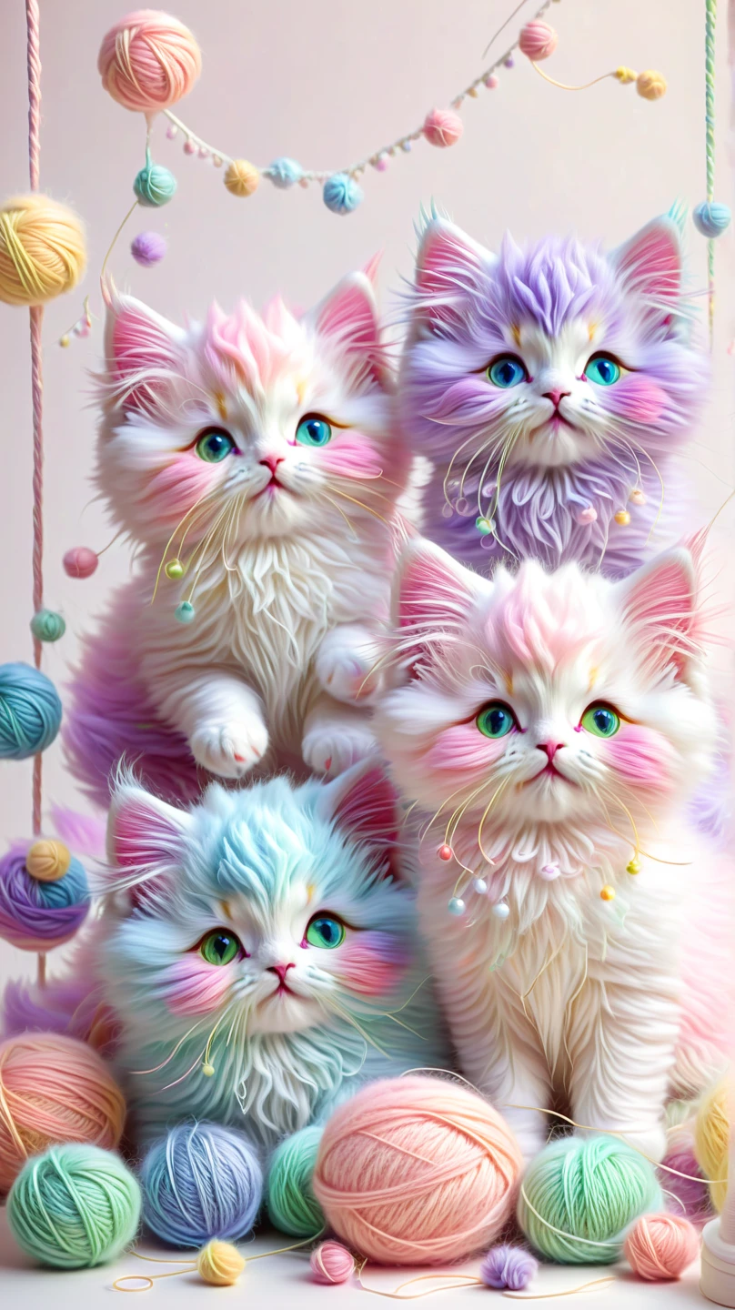  three very fluffy rainbow-colored kittens  ,  are sitting on clouds of soft pink lilac ,  play with balls of thread in delicate pastel colors,  wokurg balls of thread are scattered everywhere , balls hang from above ,  a whimsical fantasy world for cats ,  white woven baskets inside with yarn threads  , cute , fabulous, airy,  bizarre , Magical