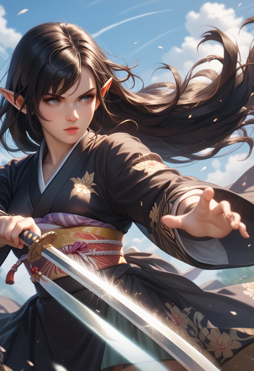 woman fighting, strong, wearing a sword , warrior, hair in the wind, big boobs, laufen, elf ears, long hair, dark hair using kimono