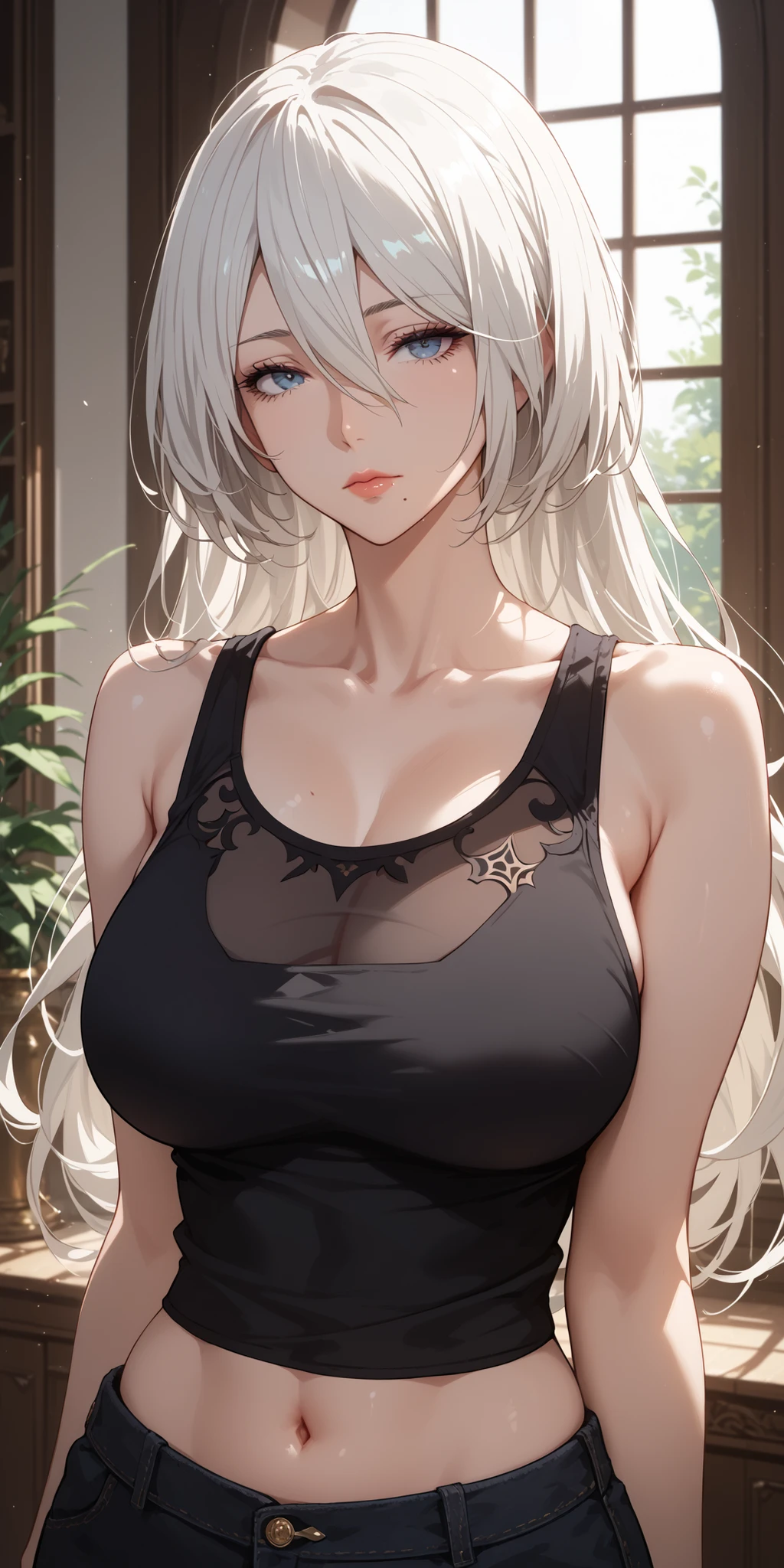 Score_9, Score_8_up, Score_7_up, Source_anime, anime art, anime style, very aesthetic, masterpiece, high quality, 1girl, cool character, mature woman, milf, curvaceous, mole under mouth, black tank top, navel, white hair, long hair, hair between eyes, expressionless, 2b, yorha no. 2 type b, home, soft light, upper body, perfecteyes