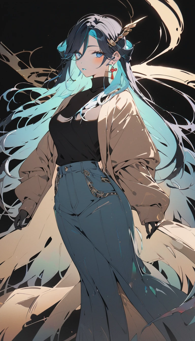 Beautiful anime-style girl, long green hair slightly curly, dark skin, yellow eyes, black pants, wide plain white shirt with no print, hoop earrings, eyebrow piercing, small breasts, wide hips, thick thighs, big ass