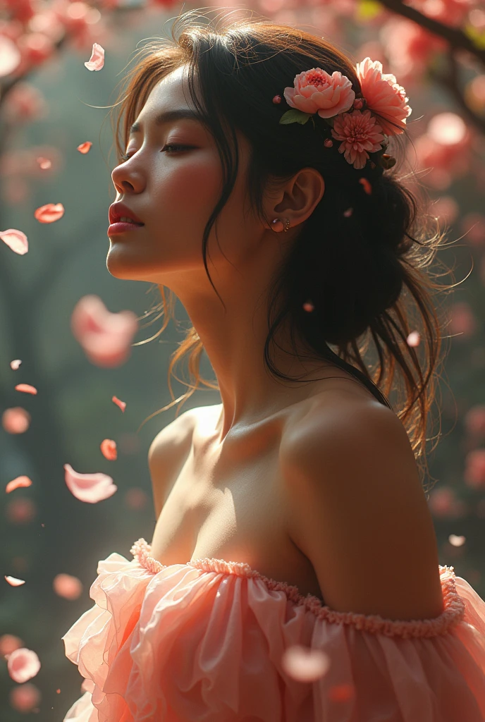 ((masterpiece, highest quality, Highest image quality, High resolution, photorealistic, Raw photo, Extremely detailed CG unified 8k wallpaper)), (huge stunning goddess shot, very hot and sexy, jaw-dropping beauty, perfect proportions, beautiful body, slim body beauty:1.4), Rain of Petals,