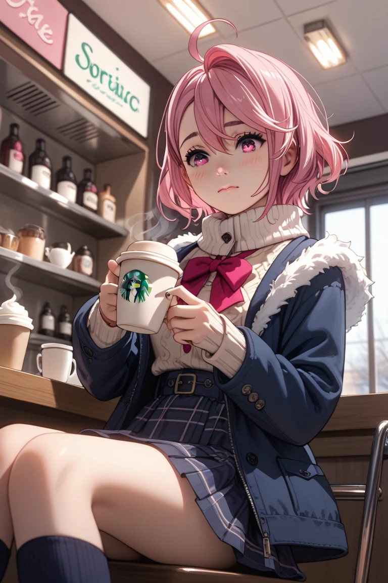  girl holding a coffee cup in her hand, cute girl, Shiratori Aira, Left-biased asymmetrical short ,  smooth hair in the nostrils, Ahoge, Pink Hair, Pink Eyes, Winter outfit, Cafe,  sit on a chair, On a date, Low angle , acrobatic angle of view ,  sexy lingerie peeking through a skirt,  embarrassed 