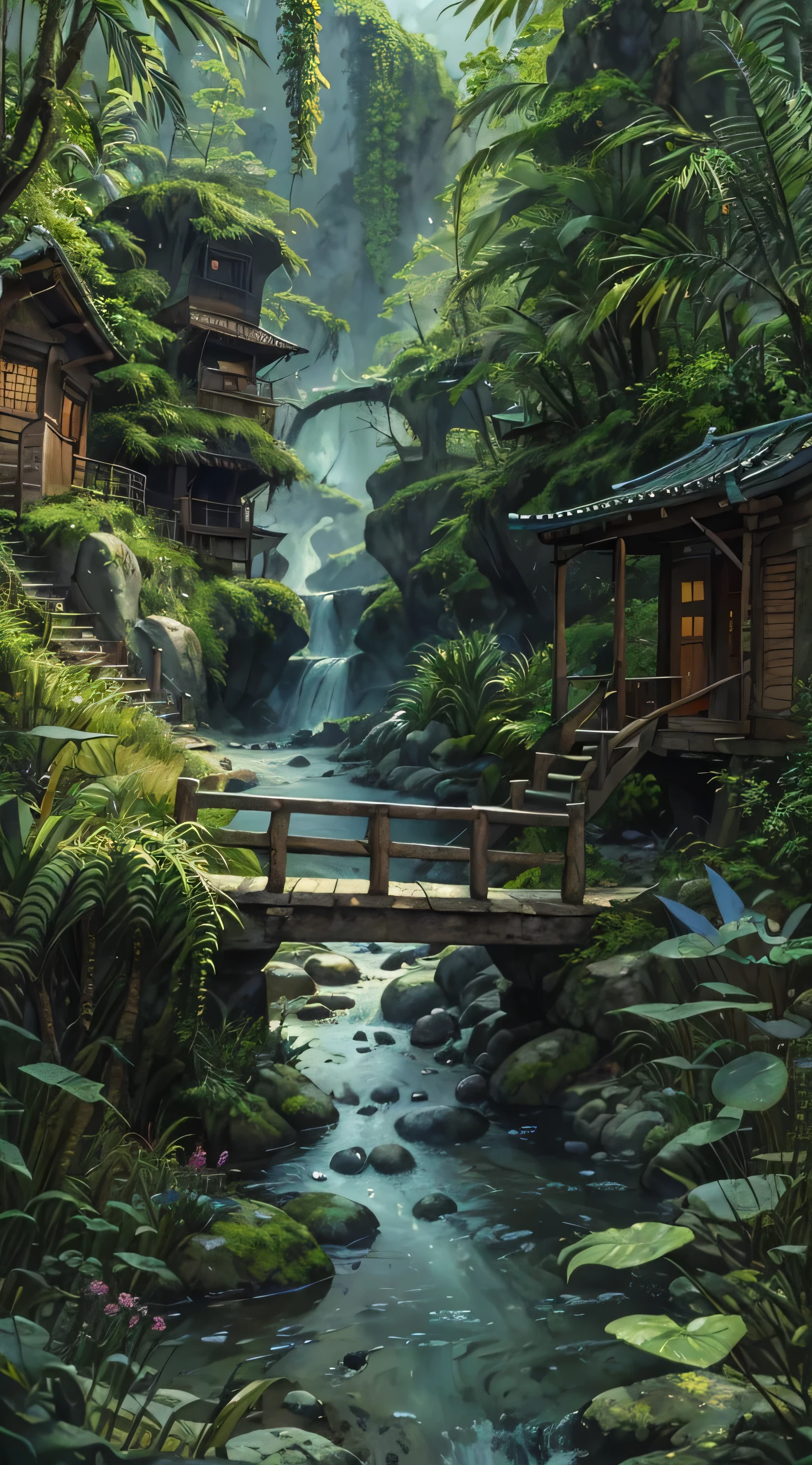 painting of a rustic cabin with a stream running through it, in gouache detailed paintings, traditional art, scenery artwork, highly detailed 4 k painting, beside the river, highly detailed painting, very detailed painting, gouache matte painting, old asian village, 2 0 2 0 award winning painting, highly detailed water colour 8 k, highly detailed water colour 8k, grin face, young, (Masterpiece), ((Blue skin)), (best detail), digital art, (best qualtiy), Cinematic texture, ((Avatar style)), beautiful pupil, The background is jungle, the rainforest, big leafs