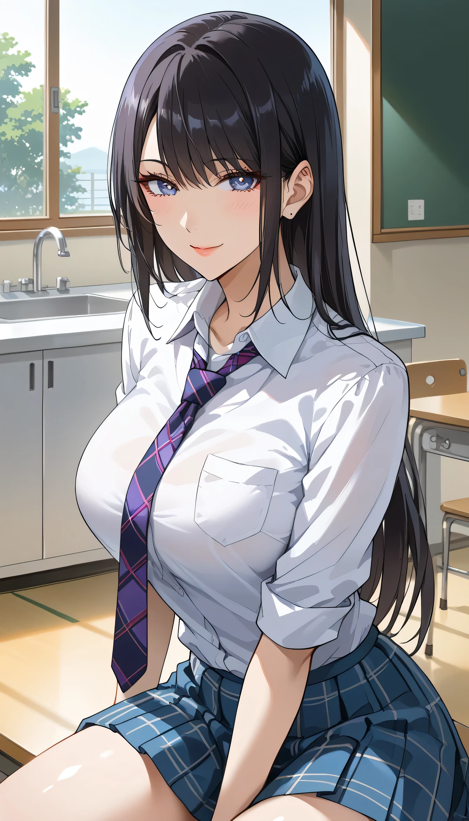 School、 is smirking、backyard、 score_9,  score_8_up,  score_7_up,  source_Anime,masterpiece, Wicked Smile 、checkered necktie、、Kiss顔、Kiss、 suspicious smile、 best quality, BEAUTIFUL AND DETAILED EYES ,  beautiful detailed lips、Aggressive look、 very detailed eyes and face ,、 long breasts, 1 female,、 high school girl、Matte Clothes 、 plaid skirt for sitting in a yuka、Big saggy breasts, shockingly  Big Breasts ,  Big Breasts ,  at school or behind the school building、Outside the school building 、、 gym sitting の女の子、 no makeup、 black hair、 long hair、Aggressive face、Kitchen Disorders 、、As planned 、 taken from behind 、Gal-like pose、 turn your back、 gym sitting 、床に gym sitting 