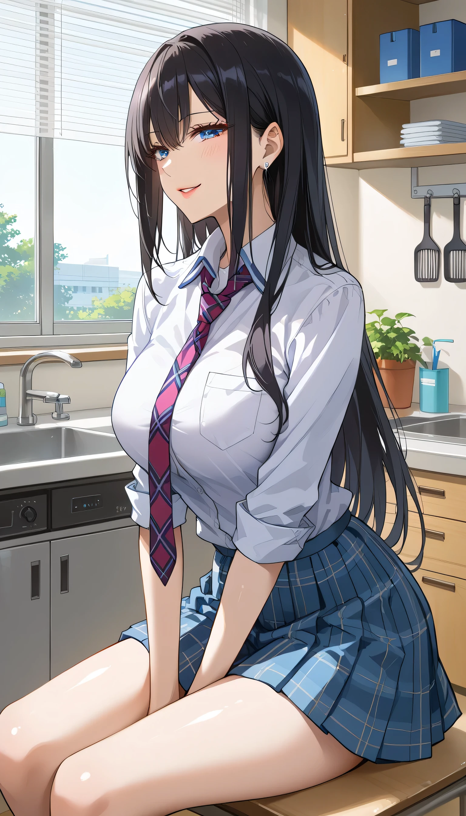 School、 is smirking、backyard、 score_9,  score_8_up,  score_7_up,  source_Anime,masterpiece, Wicked Smile 、checkered necktie、、Kiss顔、Kiss、 suspicious smile、 best quality, BEAUTIFUL AND DETAILED EYES ,  beautiful detailed lips、Aggressive look、 very detailed eyes and face ,、 long breasts, 1 female,、 high school girl、Matte Clothes 、 plaid skirt for sitting in a yuka、Big saggy breasts, shockingly  Big Breasts ,  Big Breasts ,  at school or behind the school building、Outside the school building 、、 gym sitting の女の子、 no makeup、 black hair、 long hair、Aggressive face、Kitchen Disorders 、、As planned 、 taken from behind 、Gal-like pose、 turn your back、 gym sitting 、床に gym sitting 