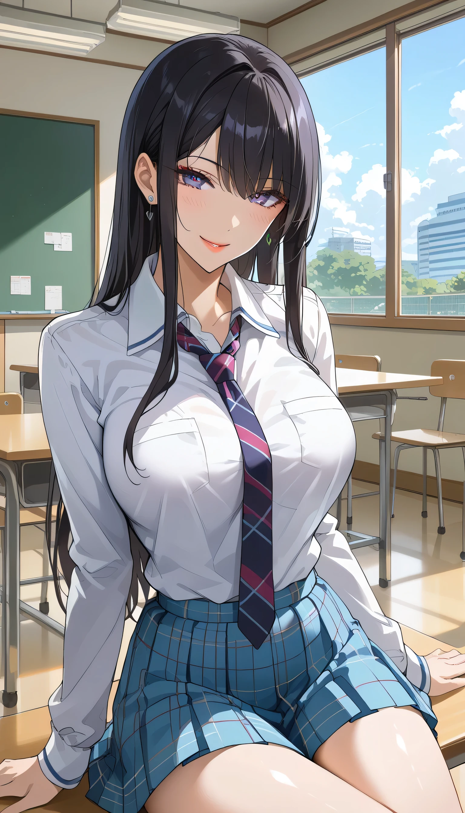 School、 is smirking、backyard、 score_9,  score_8_up,  score_7_up,  source_Anime,masterpiece, Wicked Smile 、checkered necktie、、Kiss顔、Kiss、 suspicious smile、 best quality, BEAUTIFUL AND DETAILED EYES ,  beautiful detailed lips、Aggressive look、 very detailed eyes and face ,、 long breasts, 1 female,、 high school girl、Matte Clothes 、 plaid skirt for sitting in a yuka、Big saggy breasts, shockingly  Big Breasts ,  Big Breasts ,  at school or behind the school building、Outside the school building 、、 gym sitting の女の子、 no makeup、 black hair、 long hair、Aggressive face、Kitchen Disorders 、、As planned 、 taken from behind 、Gal-like pose、 turn your back、 gym sitting 、床に gym sitting 