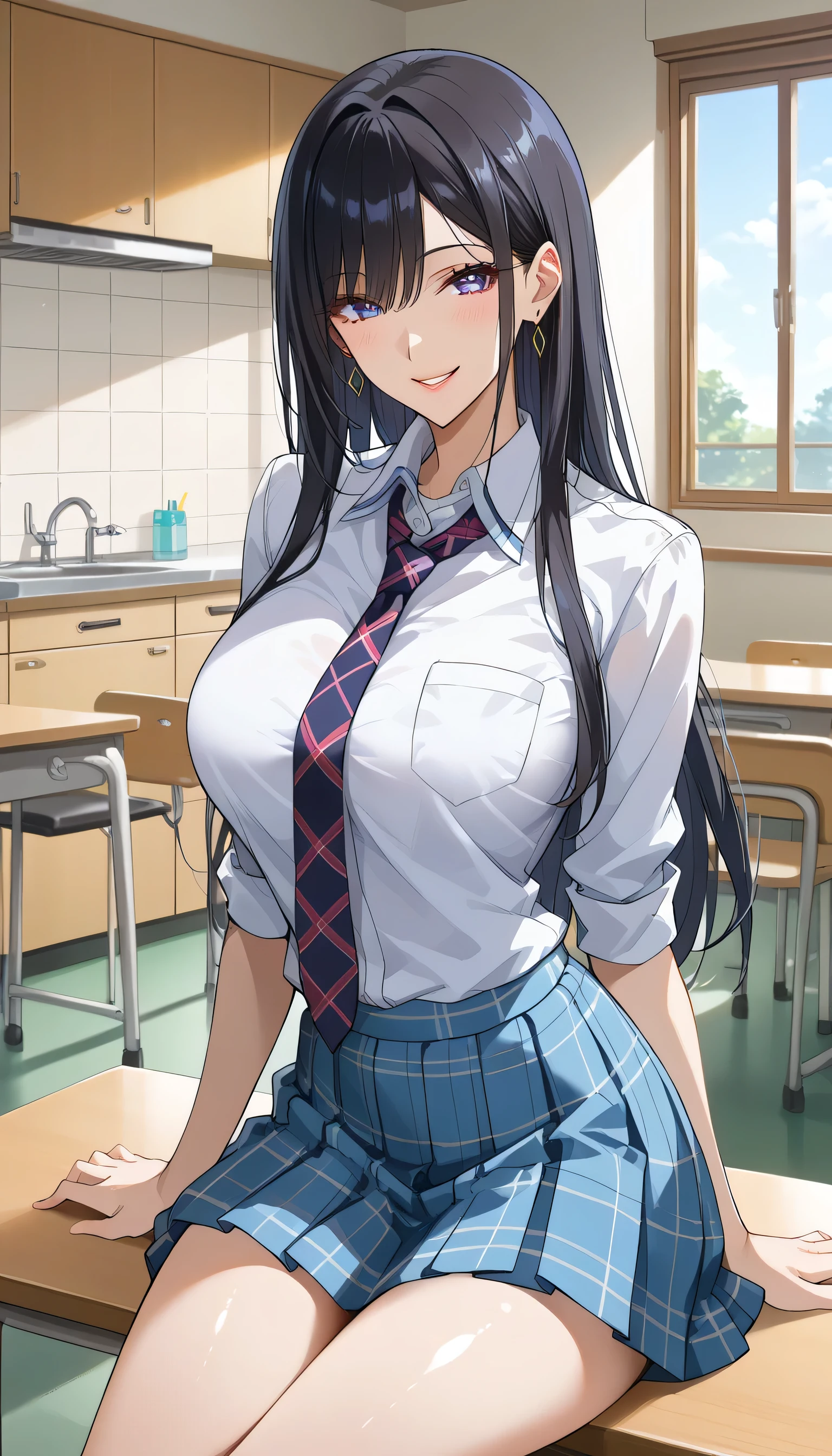 School、 is smirking、backyard、 score_9,  score_8_up,  score_7_up,  source_Anime,masterpiece, Wicked Smile 、checkered necktie、、Kiss顔、Kiss、 suspicious smile、 best quality, BEAUTIFUL AND DETAILED EYES ,  beautiful detailed lips、Aggressive look、 very detailed eyes and face ,、 long breasts, 1 female,、 high school girl、Matte Clothes 、 plaid skirt for sitting in a yuka、Big saggy breasts, shockingly  Big Breasts ,  Big Breasts ,  at school or behind the school building、Outside the school building 、、 gym sitting の***、 no makeup、 black hair、 long hair、Aggressive face、Kitchen Disorders 、、As planned 、 taken from behind 、Gal-like pose、 turn your back、 gym sitting 、床に gym sitting 