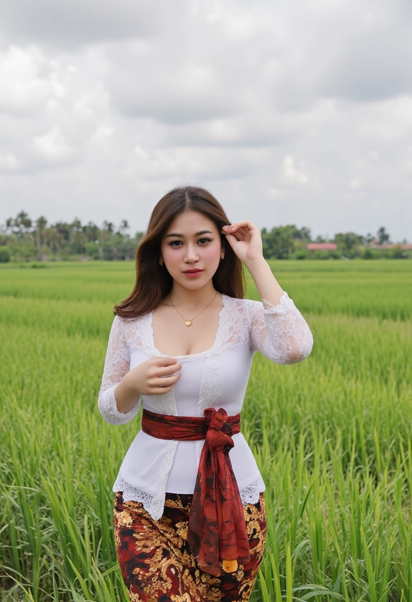 a beautiful Indonesian goddess wearing hijab jilbab, a bit chubby, hijab floating in the wind, flying among the clouds, with a Balinese rice field background seen from above, look at the viewer, realistic photography, wide angle shot,