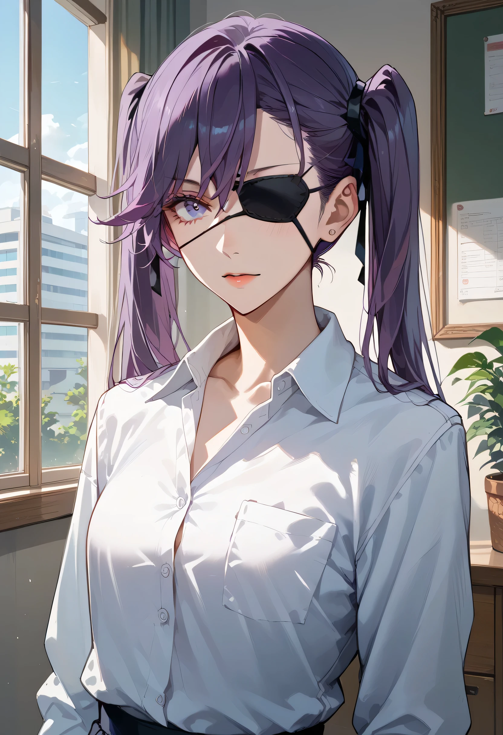 .White eye patch、 purple hair、Long sleeve shirt、uniform、School corridor、Open the chest