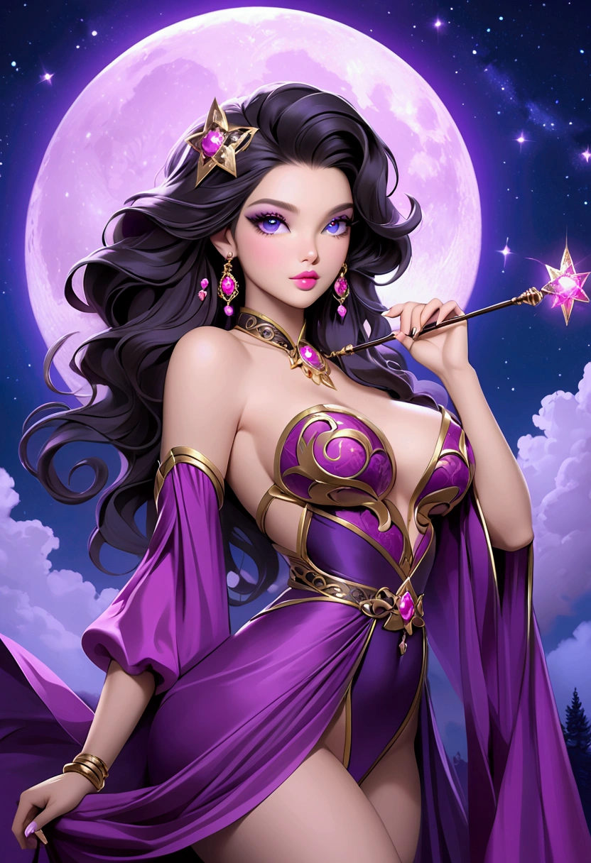 Portrait, beautiful woman with black hair and a silky purple dress, hourglass figure, symmetrical figure, highly detailed face, beautiful face, calming blue eyes, lush purple lips, smiling, alluring, stunning digital illustration, cosmic fantasy background, beautiful digital artwork, magenta lighting, glossy digital painting, gorgeous digital art, 4k detailed digital art, beautiful digital illustration, 4k highly detailed digital art, beautiful digital art, realistic digital art 4k, realistic digital art 4k, airbrush digital art