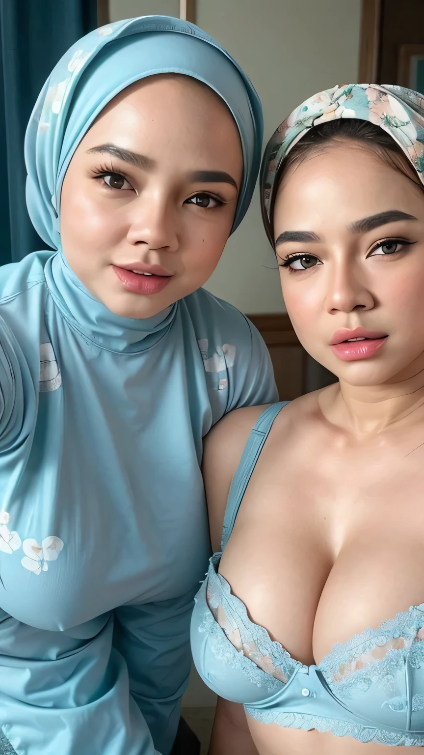 Plump body, adorable, ((2 girls)), (face to face), baby face, cute face, (face details: 1), (eye details: 1), ((big breasts)). wearing tiny light blue lace bra ((floral)), .. Cute posed. proportional body. Ultra High Res. realistic: 1.4, UHD, see the viewer, seductive pose, ((MINI HIJAB))