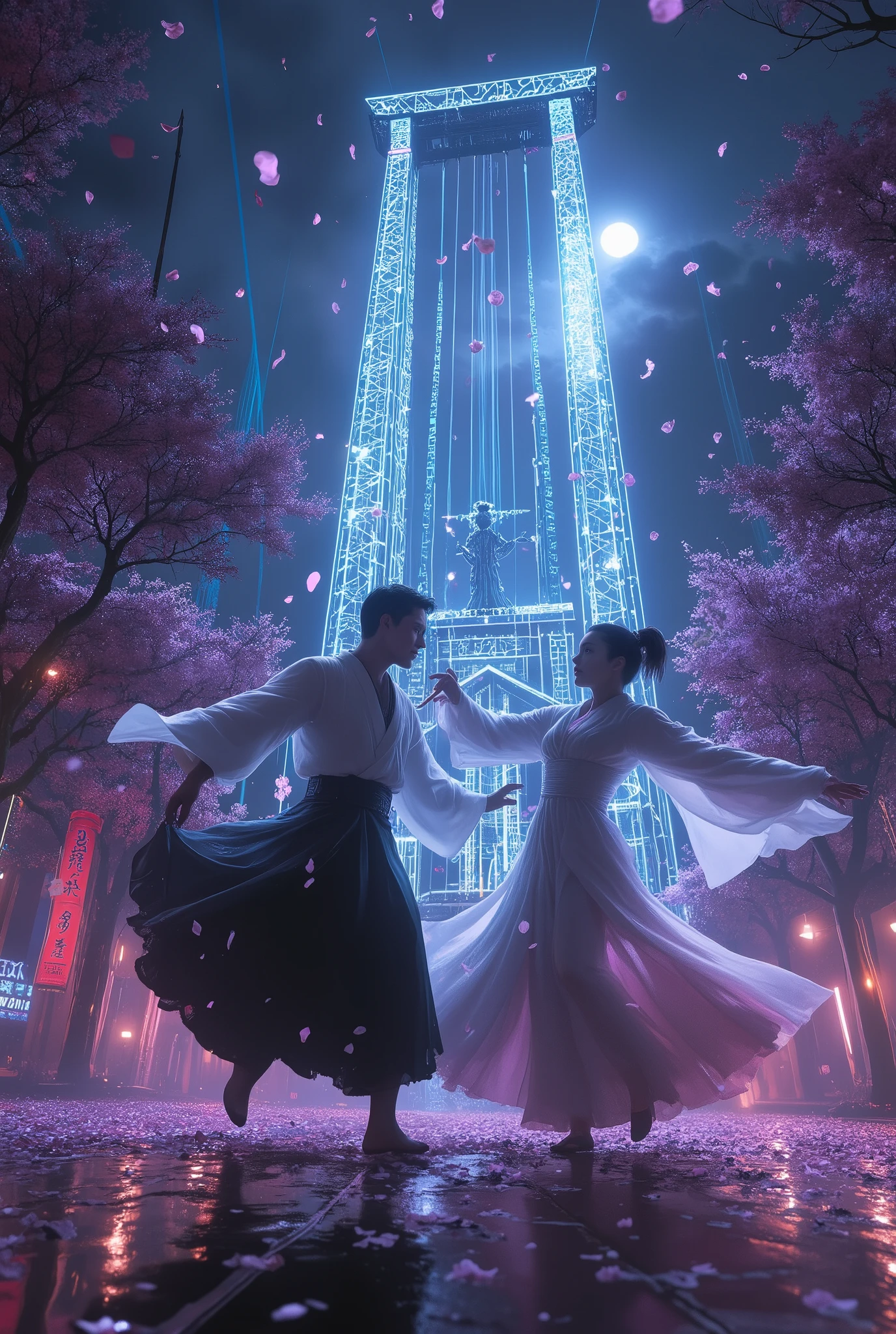 dramatic nighttime scene,pastel, thousand sakura petals scattering, 1man and 1woman, dancing in the moonlight, traditional Japanese attire with modern touches, glowing steel cage in the background, guillotine standing tall, dark and mysterious atmosphere, futuristic elements, vivid laser beams cutting through the air, ethereal and dynamic motion, intense and celebratory tone, cinematic composition,