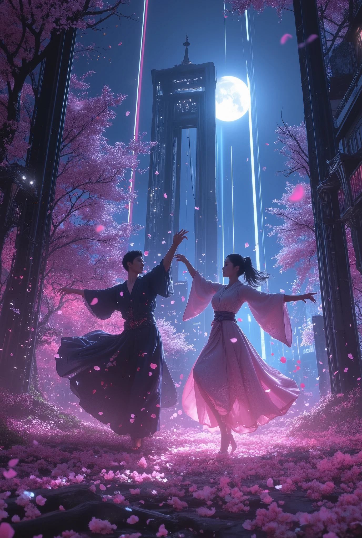 dramatic nighttime scene,pastel, thousand sakura petals scattering, 1man and 1woman, dancing in the moonlight, traditional Japanese attire with modern touches, glowing steel cage in the background, guillotine standing tall, dark and mysterious atmosphere, futuristic elements, vivid laser beams cutting through the air, ethereal and dynamic motion, intense and celebratory tone, cinematic composition,