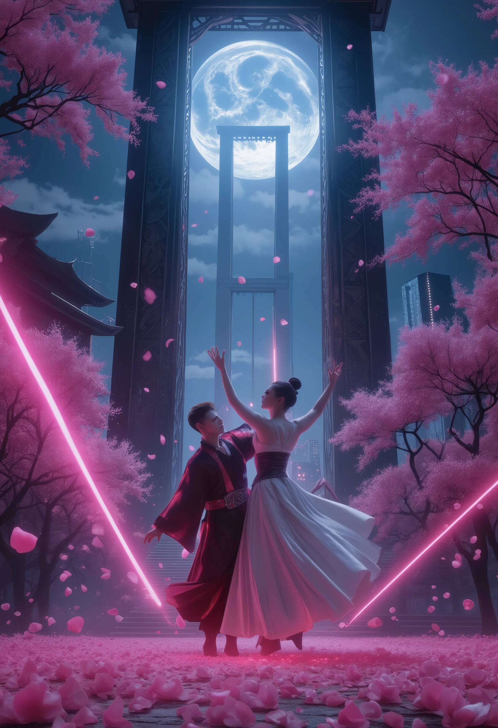 dramatic nighttime scene,pastel, thousand sakura petals scattering, 1man and 1woman, dancing in the moonlight, traditional Japanese attire with modern touches, glowing steel cage in the background, guillotine standing tall, dark and mysterious atmosphere, futuristic elements, vivid laser beams cutting through the air, ethereal and dynamic motion, intense and celebratory tone, cinematic composition,