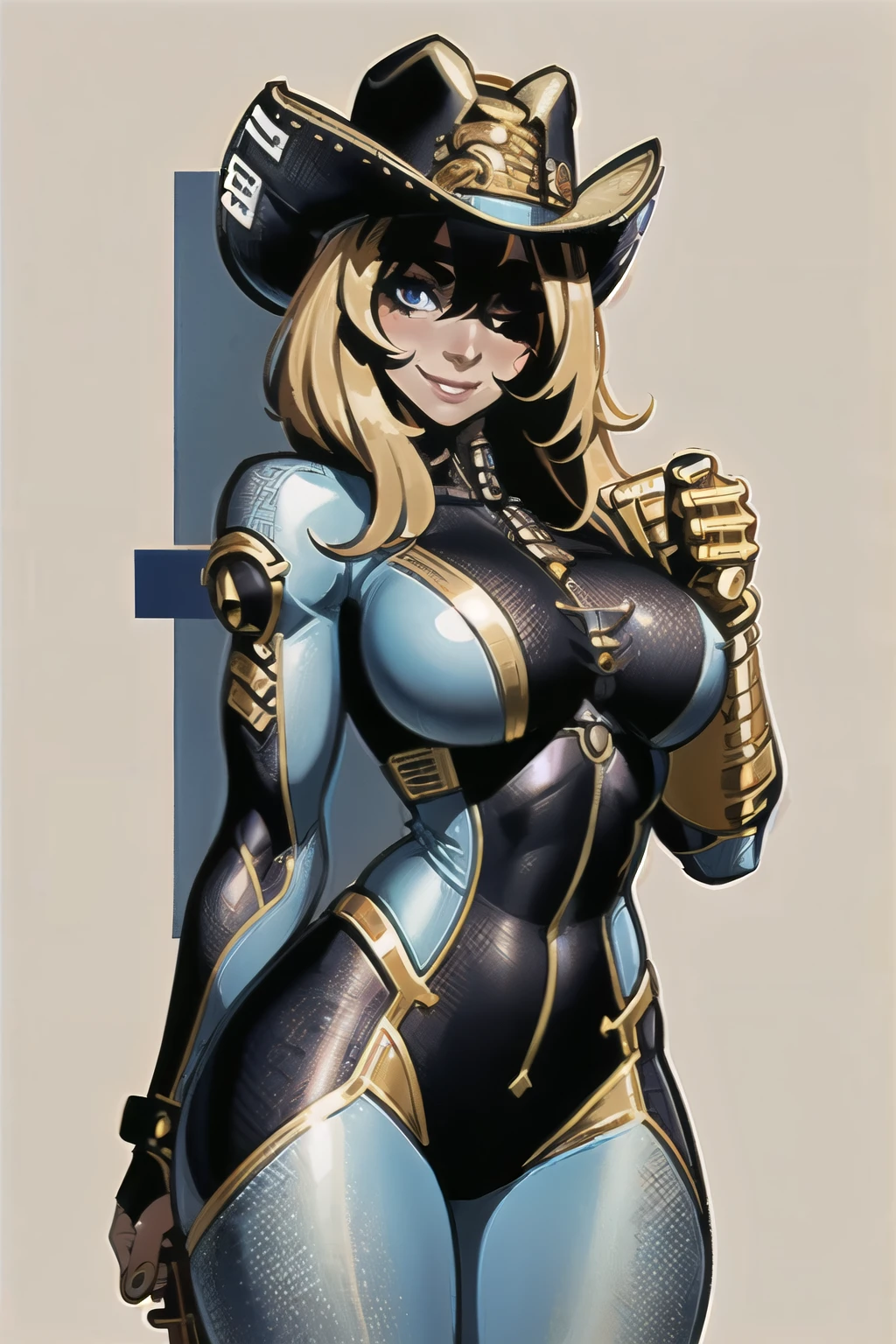 1girl, (solo:1.2), (standing:1.3), (interacting:1.3), (cowboy shot:1.5), smile, happy, at ease, (masterpiece:1.3), (best quality:1.3), (perfect anatomy:1.4), highly detailed, golden skin, golden hair, large breasts, anime-inspired, (cell shading:1.2)