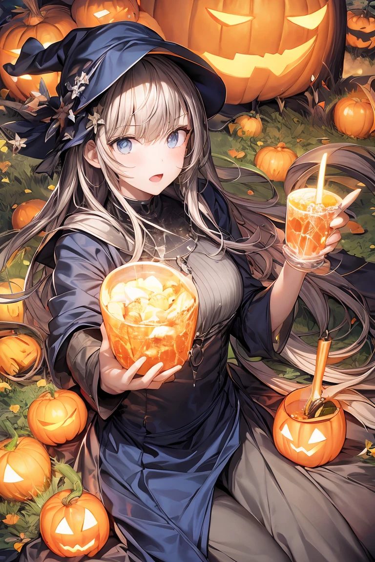 from above:1.2,best quality, masterpiece, radiosity, photon mapping, Dutch angle, glow , landscape, jack-o-lantern, realistic, reality, RAW photo, pumpkin head, vines, horror monster, aura, Halloween, fancy dress, blue eyes,street, fantasy, ***********, trick or treat, Close-up, witch, early teen, 1girl, sweets