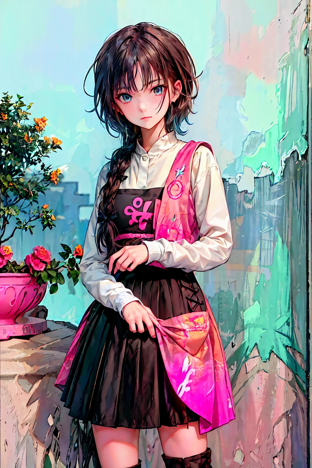  brown hair， shortcuts， messy hair ， Short Braided Hair ，Neat， slender beauty，Dignified posture， small breasts， beautiful legs with tails， her enchanting gray-blue eyes shine like stars， vibrant colors,  beautiful eyes ,繊細なsmile,textured skin, best quality ,  gentle and beautiful woman  , anime style､Irohaisshiki, Isshiki Iroha ,  long hair,  Short Braided Hair , ponytails bleeding from the vagina, brown hair, ( Brown Eyes :1.5), smile, muffler , Long Coat , sweater, long black skirt , black tights, Short Boots ,morning日,morning,Campus Life,On the way to school in winter,Cold Sky,that&#39;that&#39;s it's snowing ,
 to junk Outdoors , Around town,Destroying a city of buildings, looking at viewer,Enchanting gray-blue eyes shine like stars
breaking (masterpiece:1.2),  best quality,  high definition ,  unity 8k Wallpaper , (shape:0.8), (美しくて  beautiful eyes :1.6),   I have a very detailed face ,  perfect lighting,  Highly Detailed CG, (  perfect hand,   Perfect Anatomy  ),