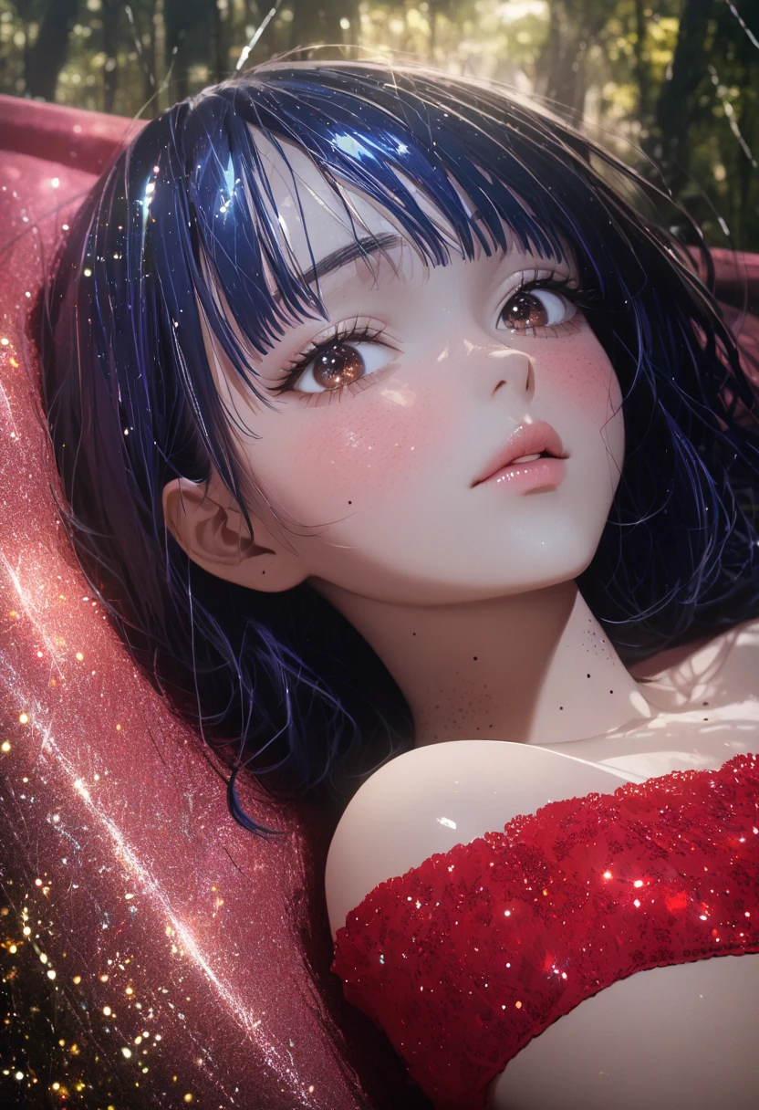 (Beautiful girl: 1.3),masterpiece,  ultra high resolution with forest background, Very high quality ,8k,Texture, RAW photo,best quality anime, super detailed eyes , GROWING SKIN,glitter effect, Beautiful Shiny Lips ,Anna Yamada,  Dark Blue Hair, Brown Eyes ,(Sharp Bob,bangs), siderock ,Mole on neck,  red underwear, red bra, 1 girl, Blushing , I'm embarrassed ,I&#39;m in a hotel, lying on your back